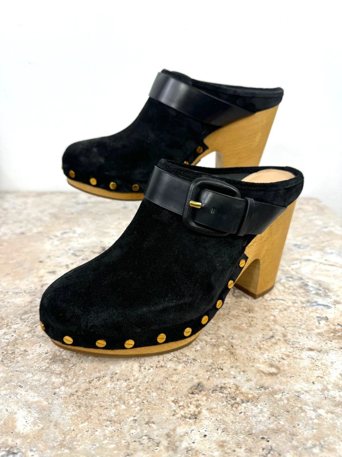 VERONICA BEARD DARCY SUEDE GOLD STUDDED CLOGS