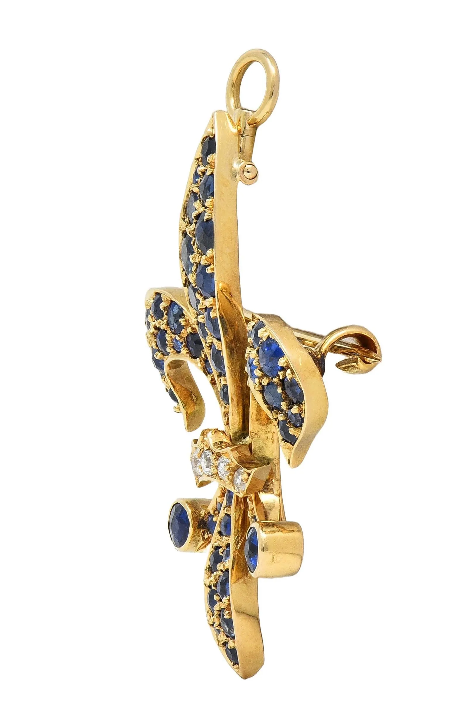 Victorian 2.80 CTW Sapphire Diamond 14 Karat Yellow Gold Antique Fleur-De-Lis Pendant Brooch