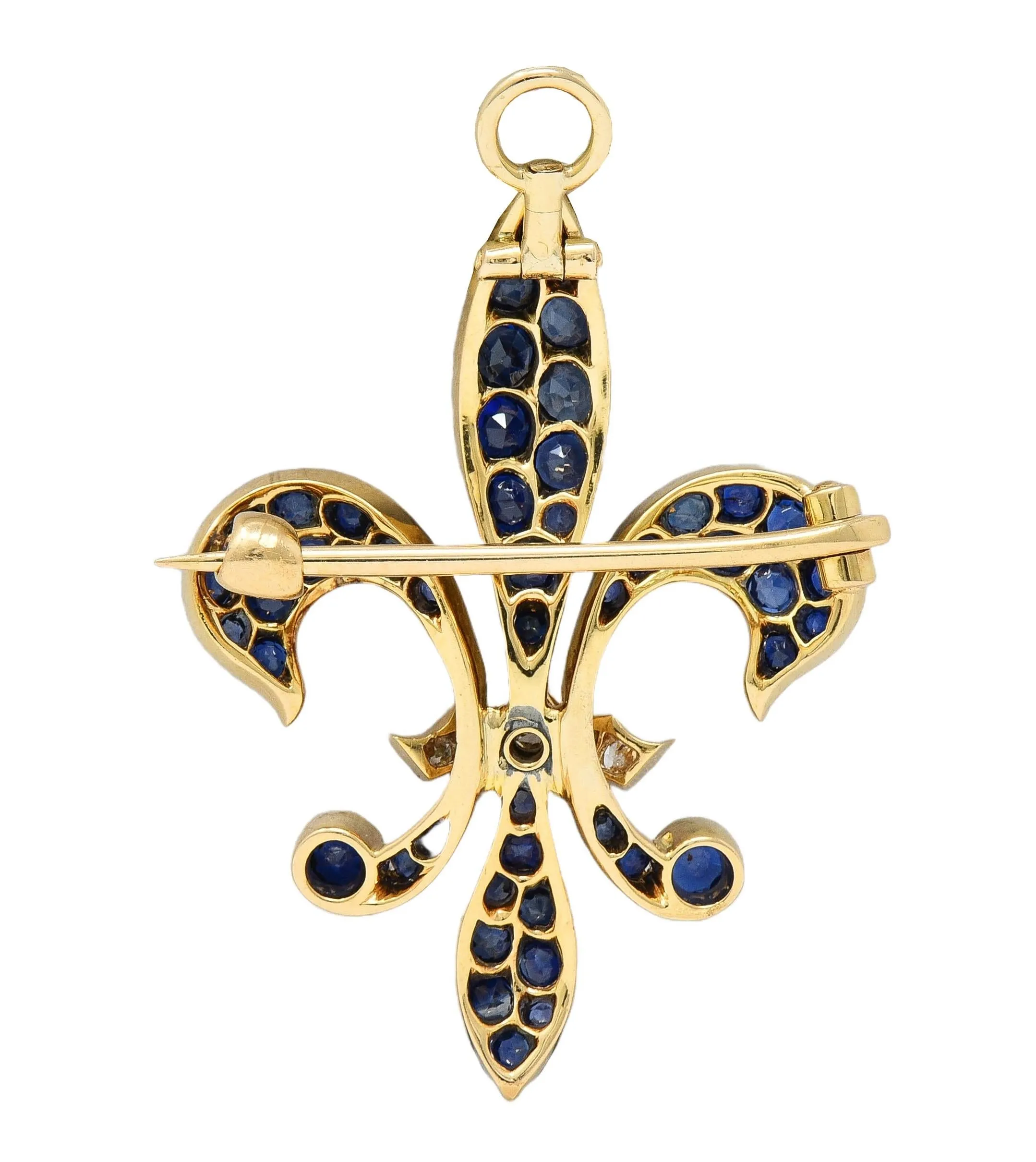 Victorian 2.80 CTW Sapphire Diamond 14 Karat Yellow Gold Antique Fleur-De-Lis Pendant Brooch