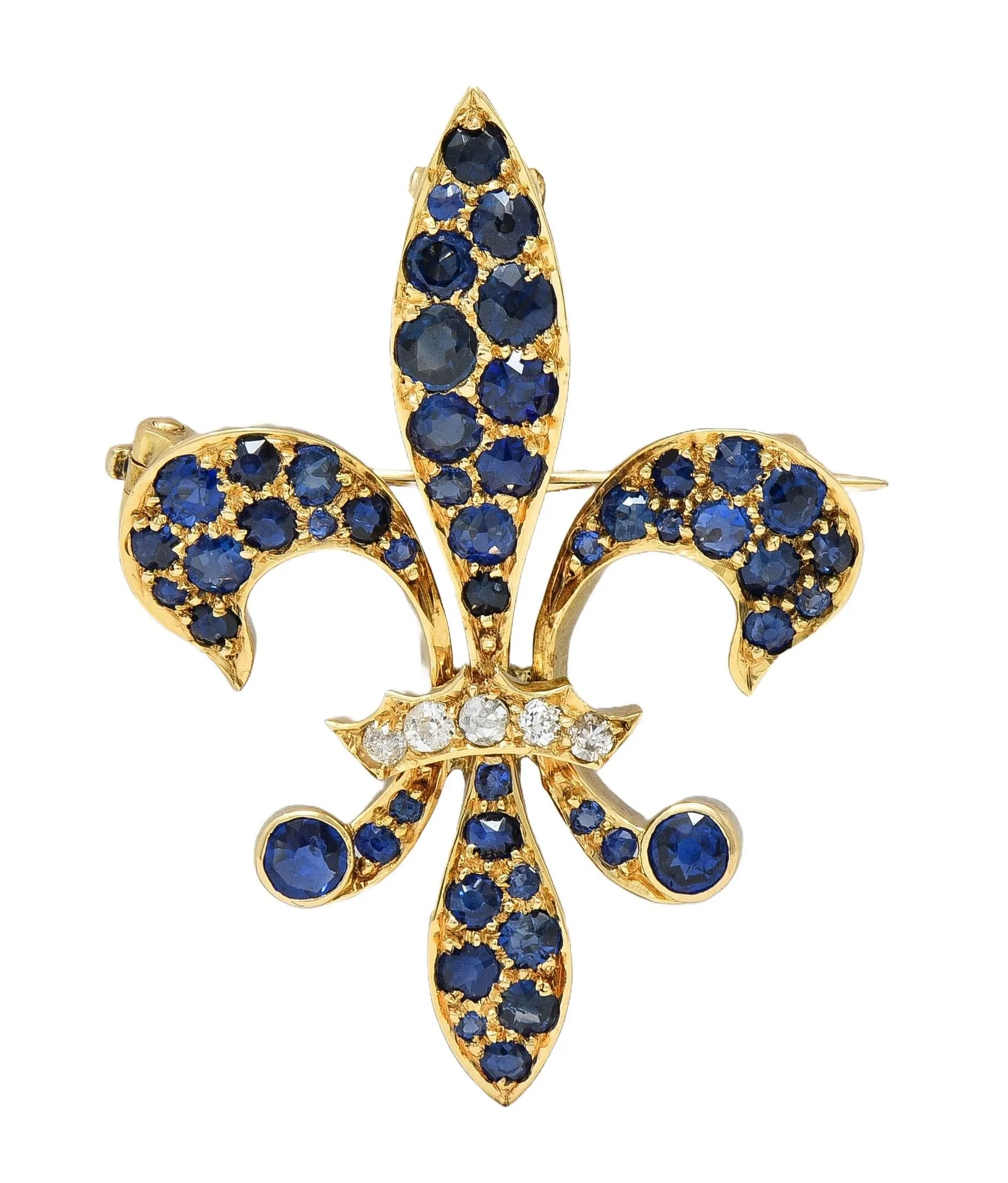 Victorian 2.80 CTW Sapphire Diamond 14 Karat Yellow Gold Antique Fleur-De-Lis Pendant Brooch