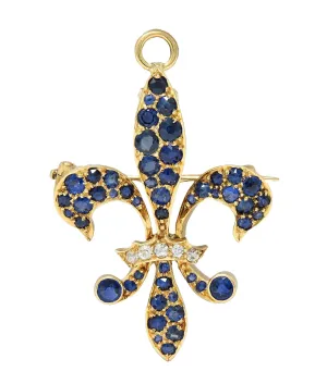 Victorian 2.80 CTW Sapphire Diamond 14 Karat Yellow Gold Antique Fleur-De-Lis Pendant Brooch