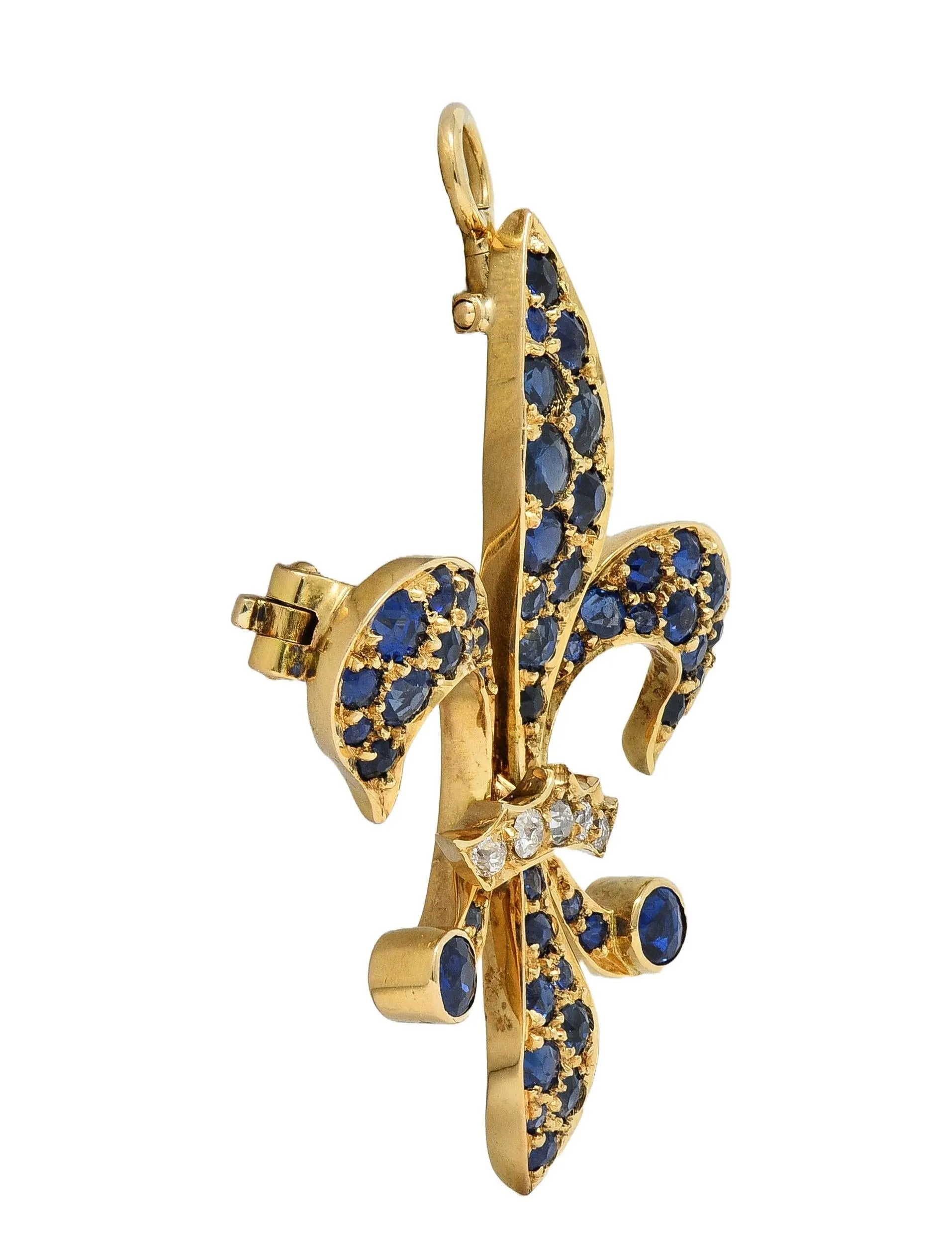 Victorian 2.80 CTW Sapphire Diamond 14 Karat Yellow Gold Antique Fleur-De-Lis Pendant Brooch
