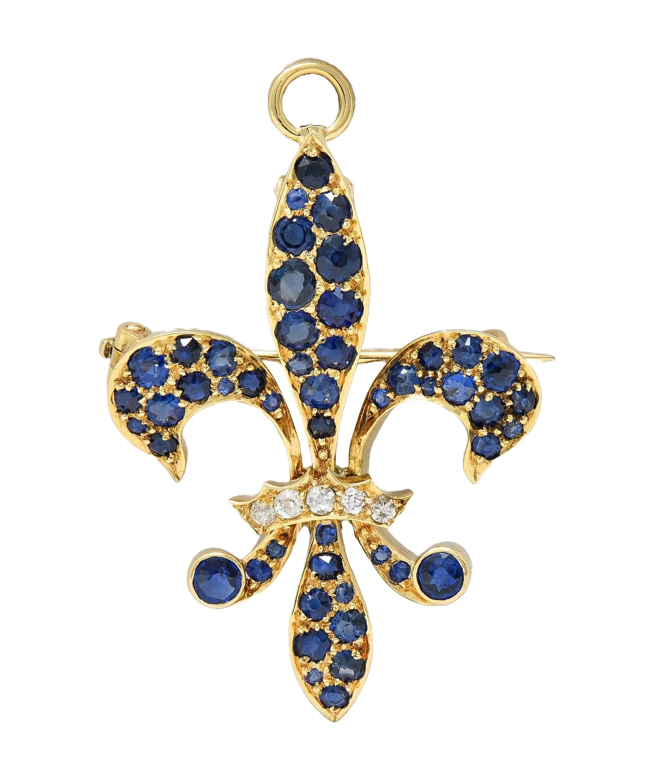 Victorian 2.80 CTW Sapphire Diamond 14 Karat Yellow Gold Antique Fleur-De-Lis Pendant Brooch