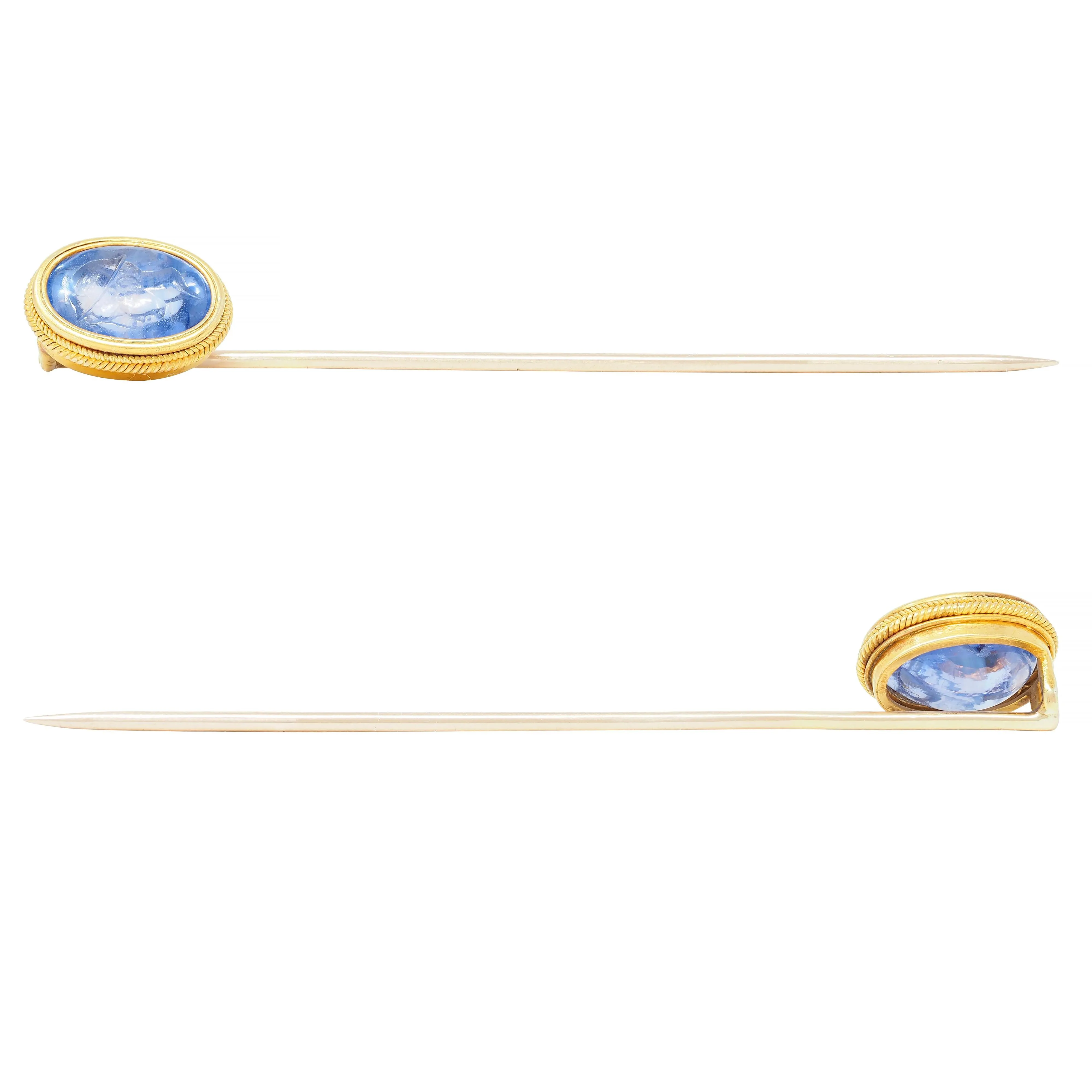 Victorian 5.18 CTW Sapphire 18 Karat Yellow Gold Greek God Hermes Intaglio Antique Stickpin