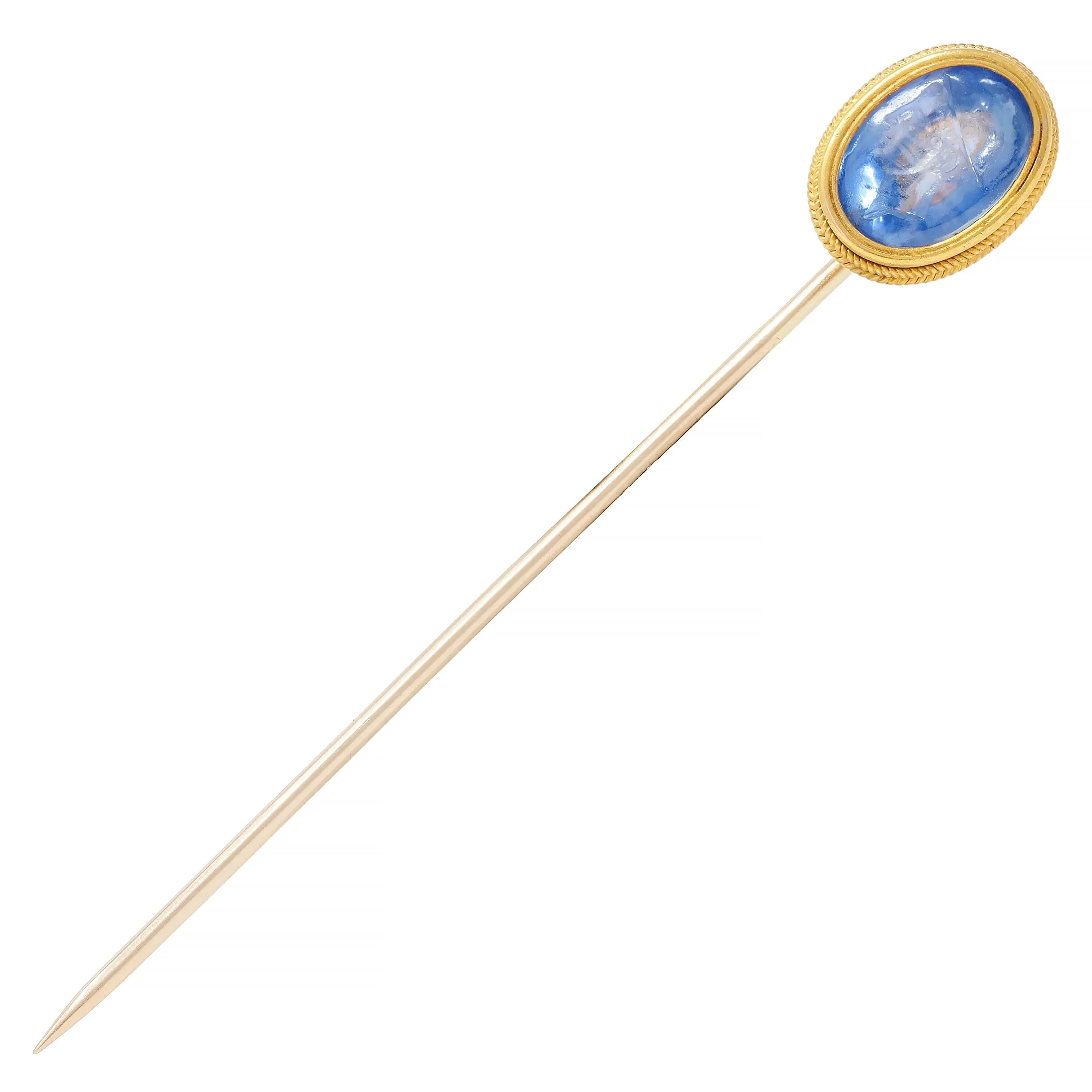 Victorian 5.18 CTW Sapphire 18 Karat Yellow Gold Greek God Hermes Intaglio Antique Stickpin
