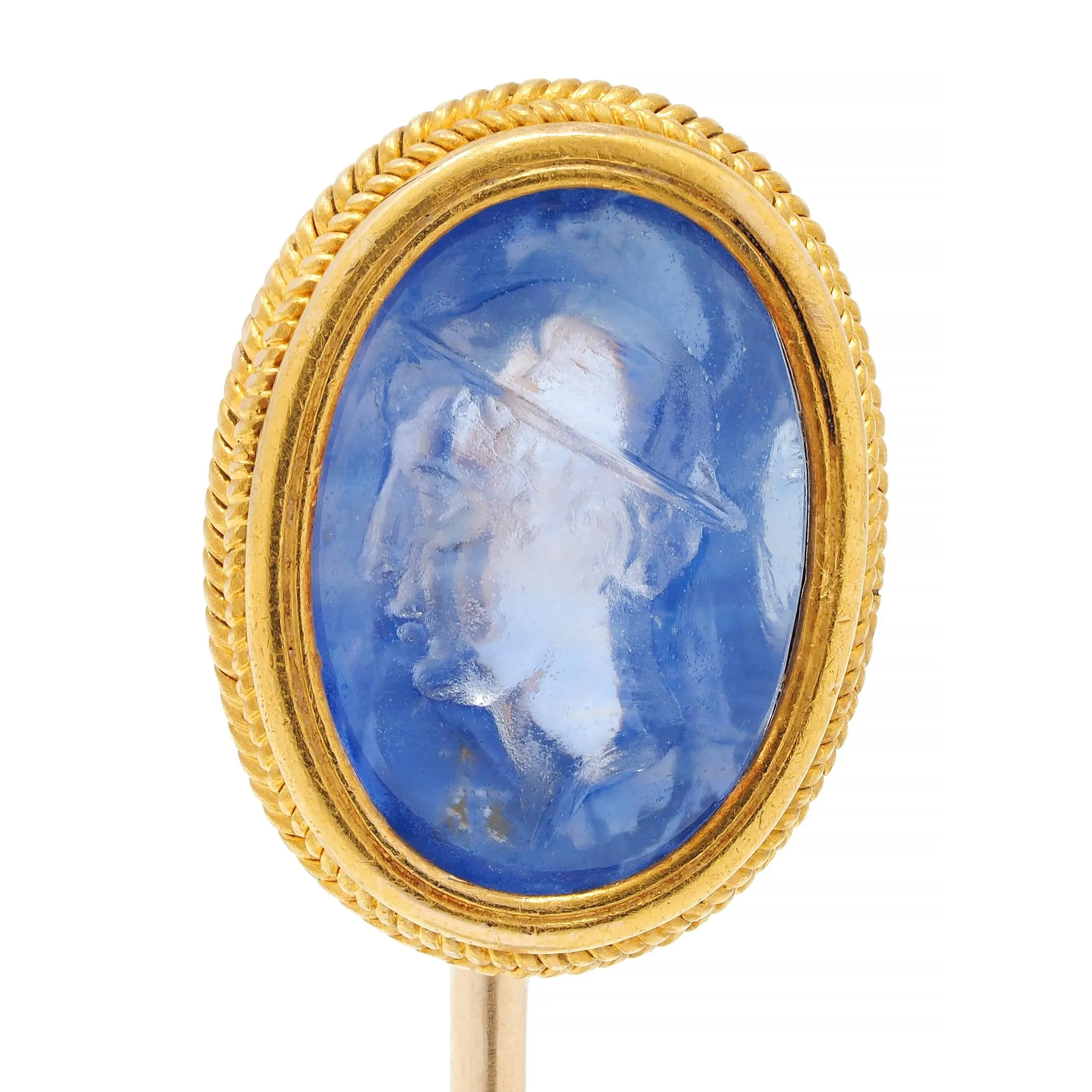 Victorian 5.18 CTW Sapphire 18 Karat Yellow Gold Greek God Hermes Intaglio Antique Stickpin