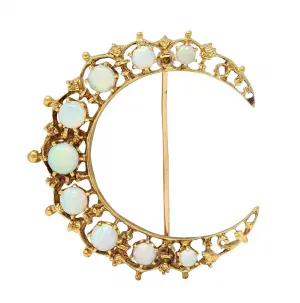 Victorian Opal 14 Karat Yellow Gold Antique Crescent Brooch