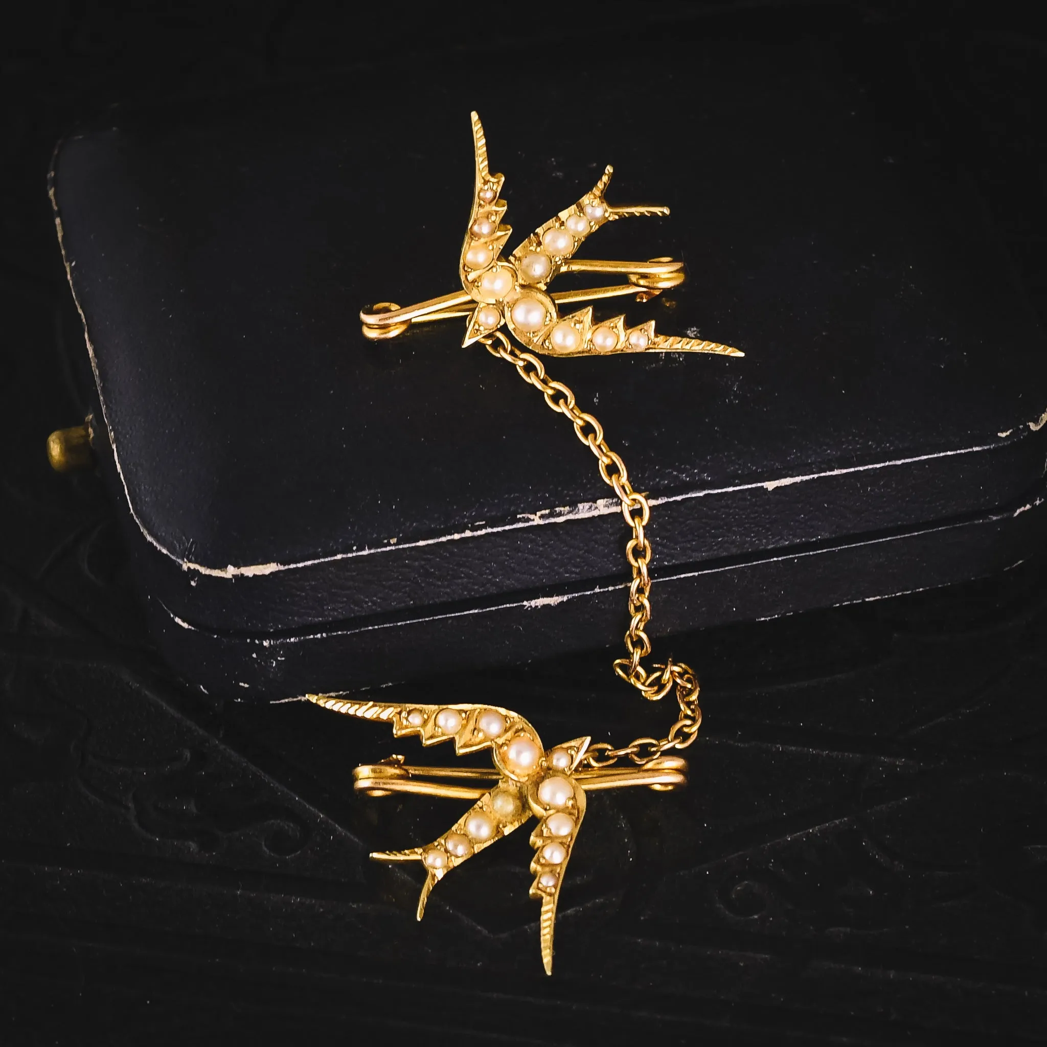 Victorian Pearl Double Swallows Brooch