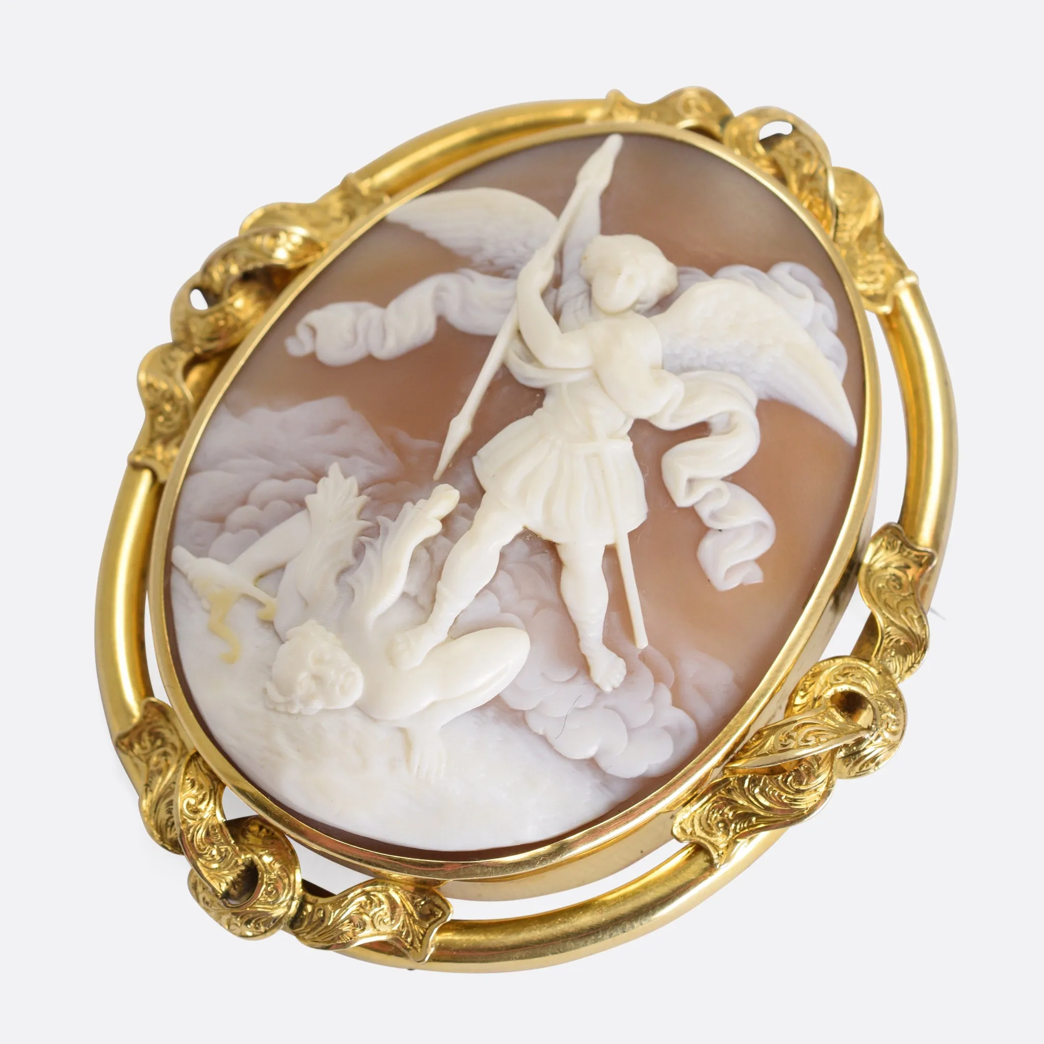 Victorian "St. Michael Vanquishing Satan" Shell Cameo Brooch