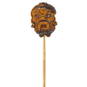 Victorian Tiger's Eye Diamond Silver 14 Karat Yellow Gold Antique Japanese Kabuki Mask Stickpin