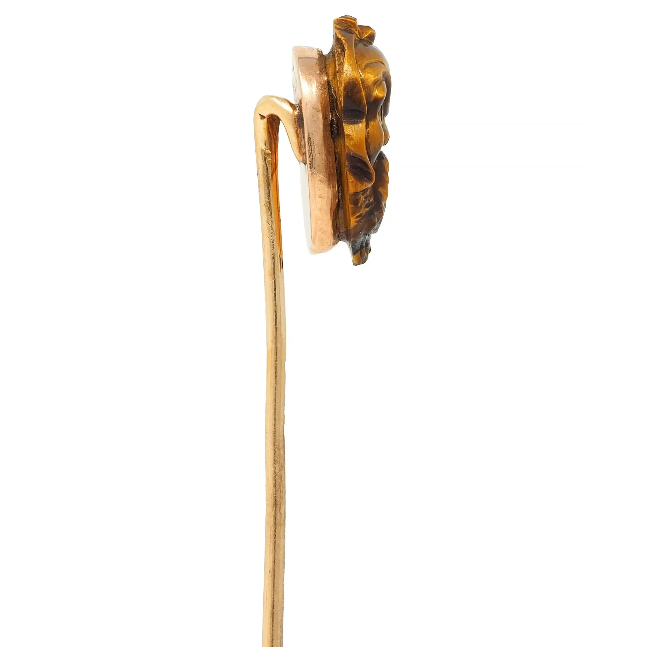 Victorian Tiger's Eye Diamond Silver 14 Karat Yellow Gold Antique Japanese Kabuki Mask Stickpin