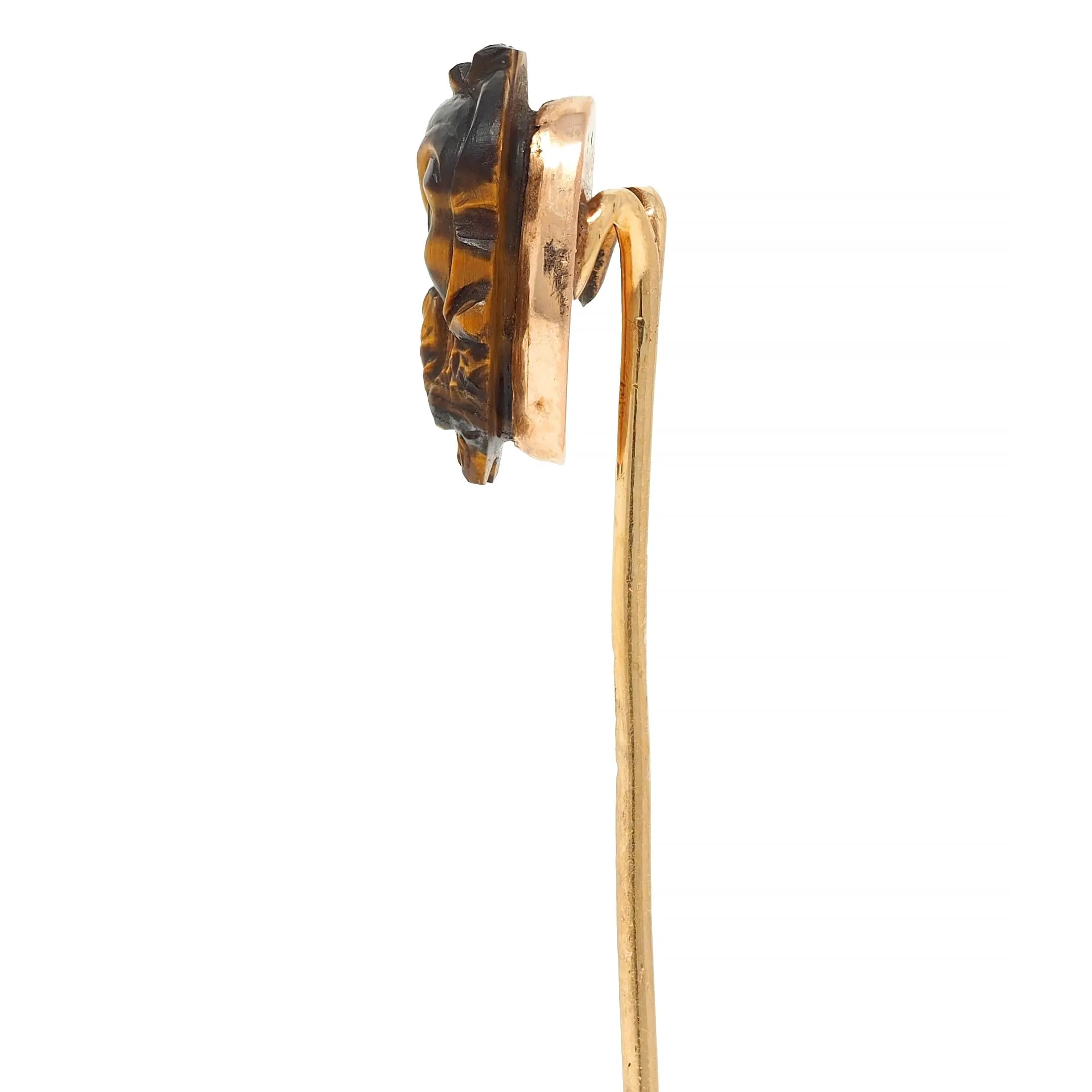 Victorian Tiger's Eye Diamond Silver 14 Karat Yellow Gold Antique Japanese Kabuki Mask Stickpin