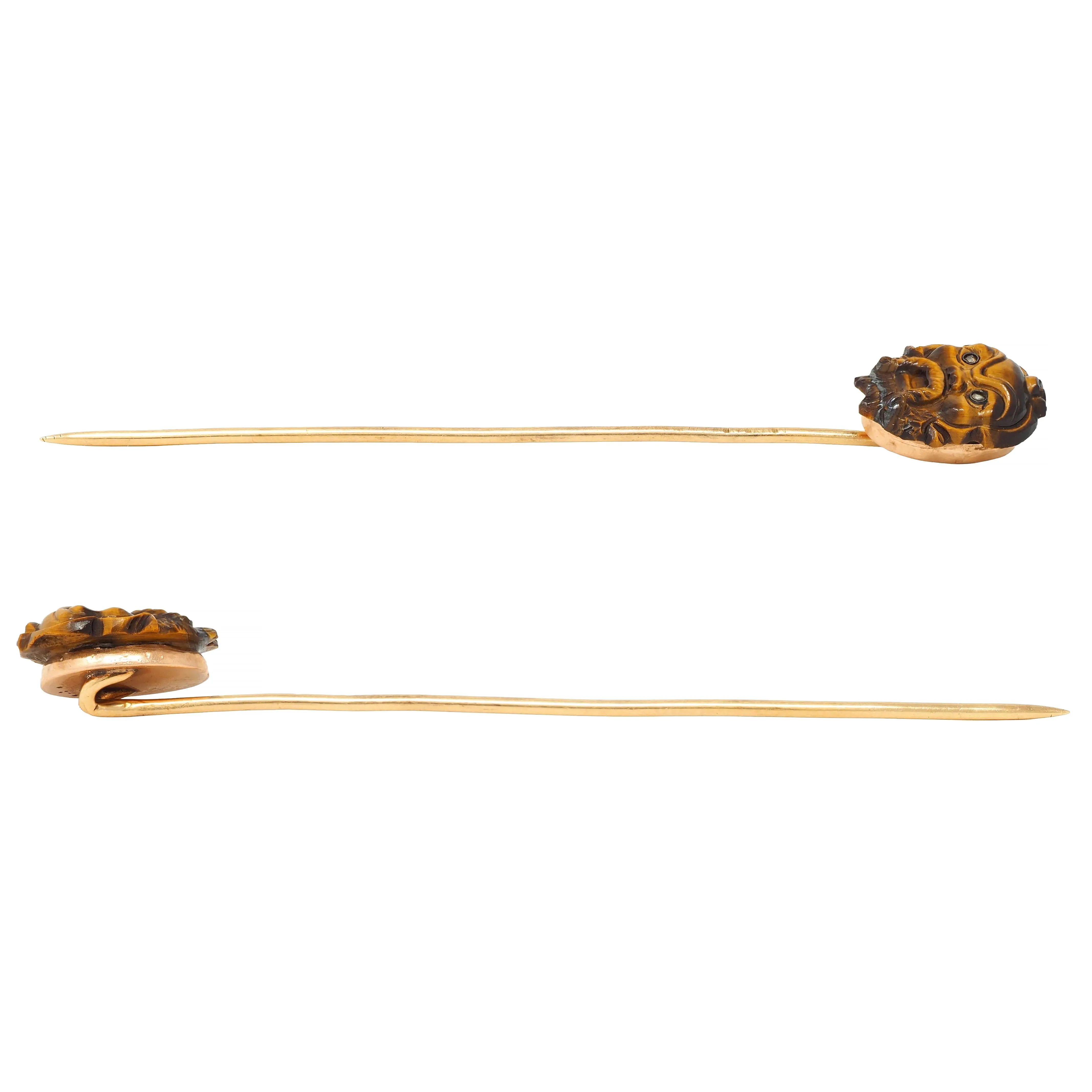 Victorian Tiger's Eye Diamond Silver 14 Karat Yellow Gold Antique Japanese Kabuki Mask Stickpin
