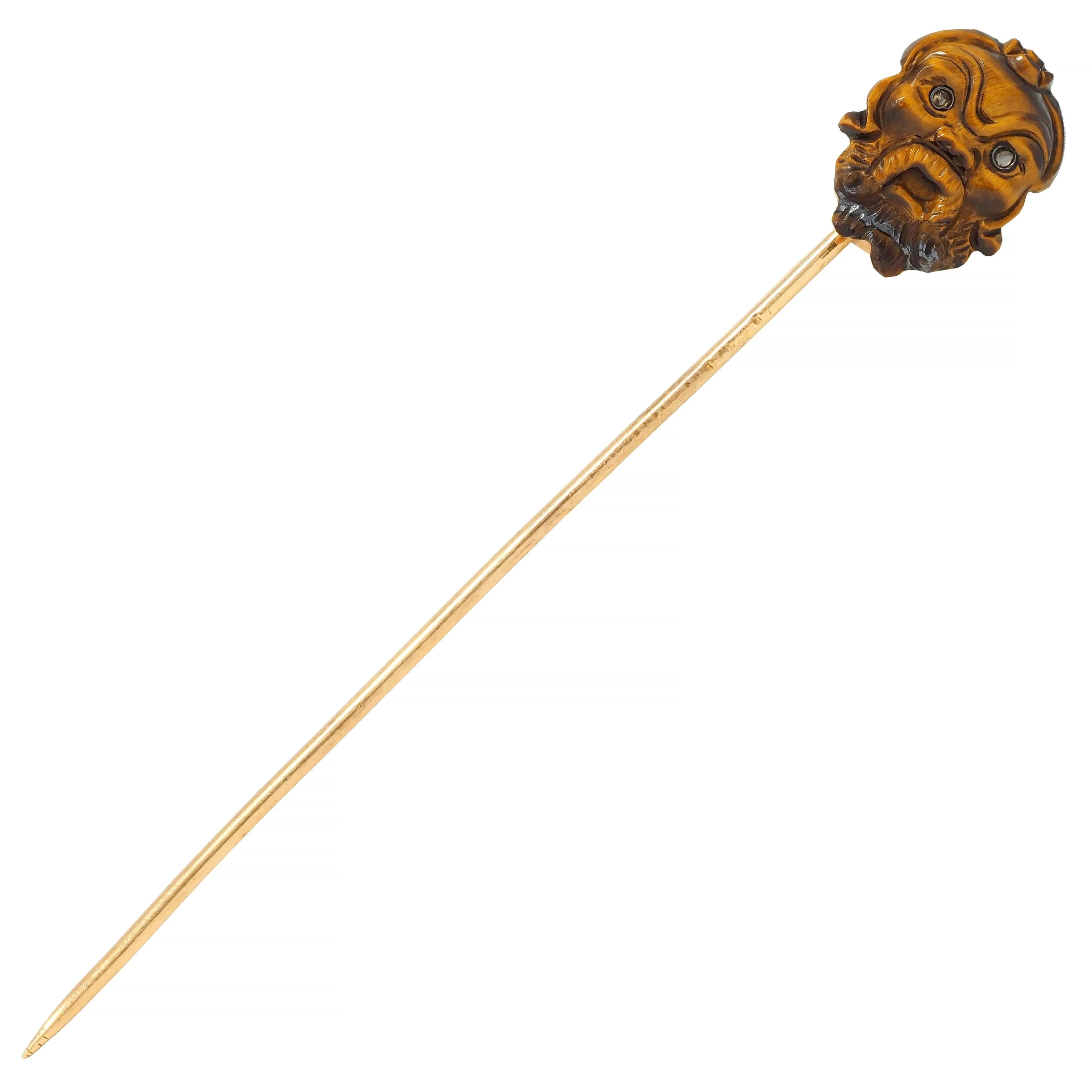 Victorian Tiger's Eye Diamond Silver 14 Karat Yellow Gold Antique Japanese Kabuki Mask Stickpin