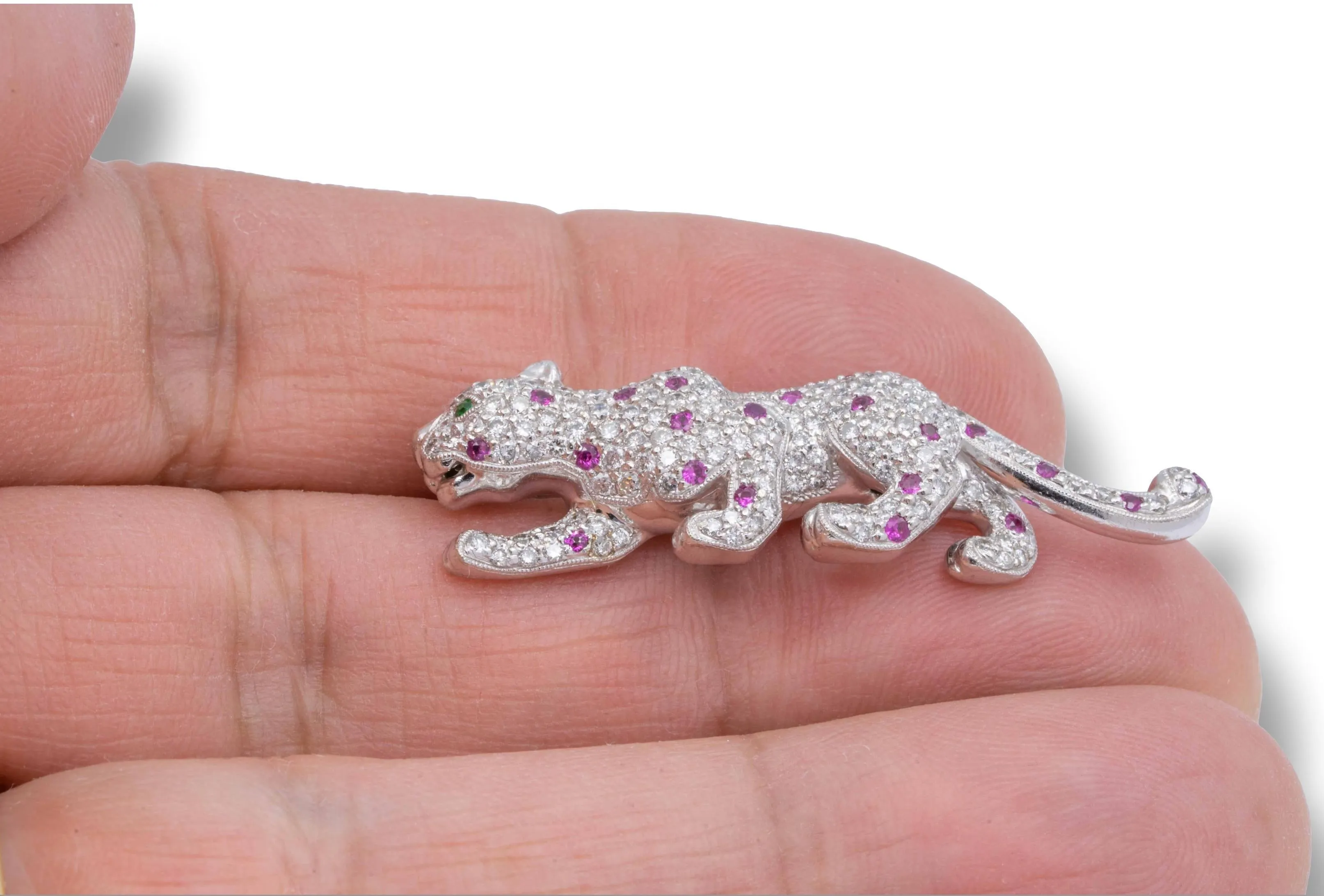Vintage 18K White Gold Panther Brooch 2.50 Cts Pave Diamonds   Pink Sapphires