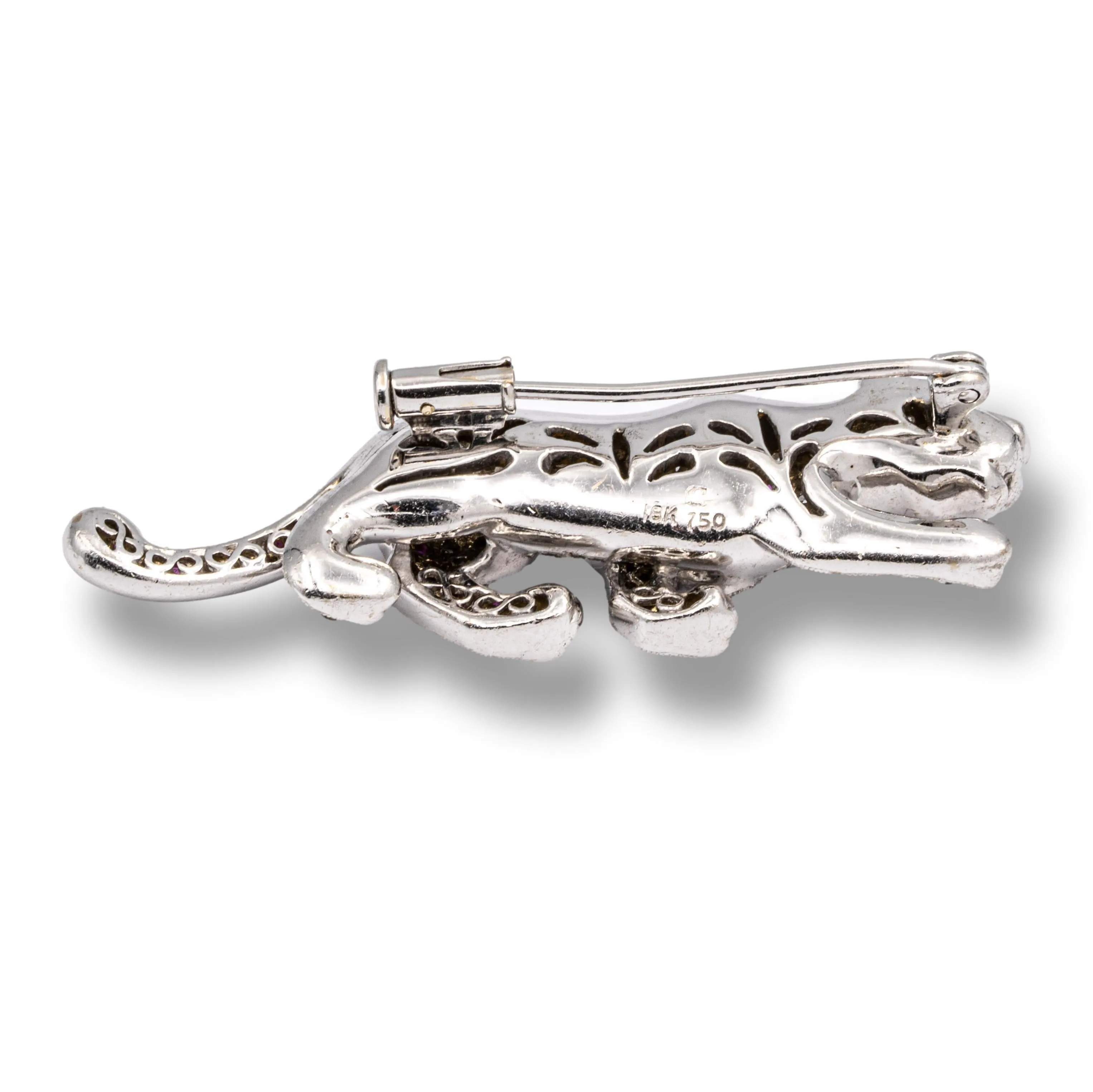 Vintage 18K White Gold Panther Brooch 2.50 Cts Pave Diamonds   Pink Sapphires