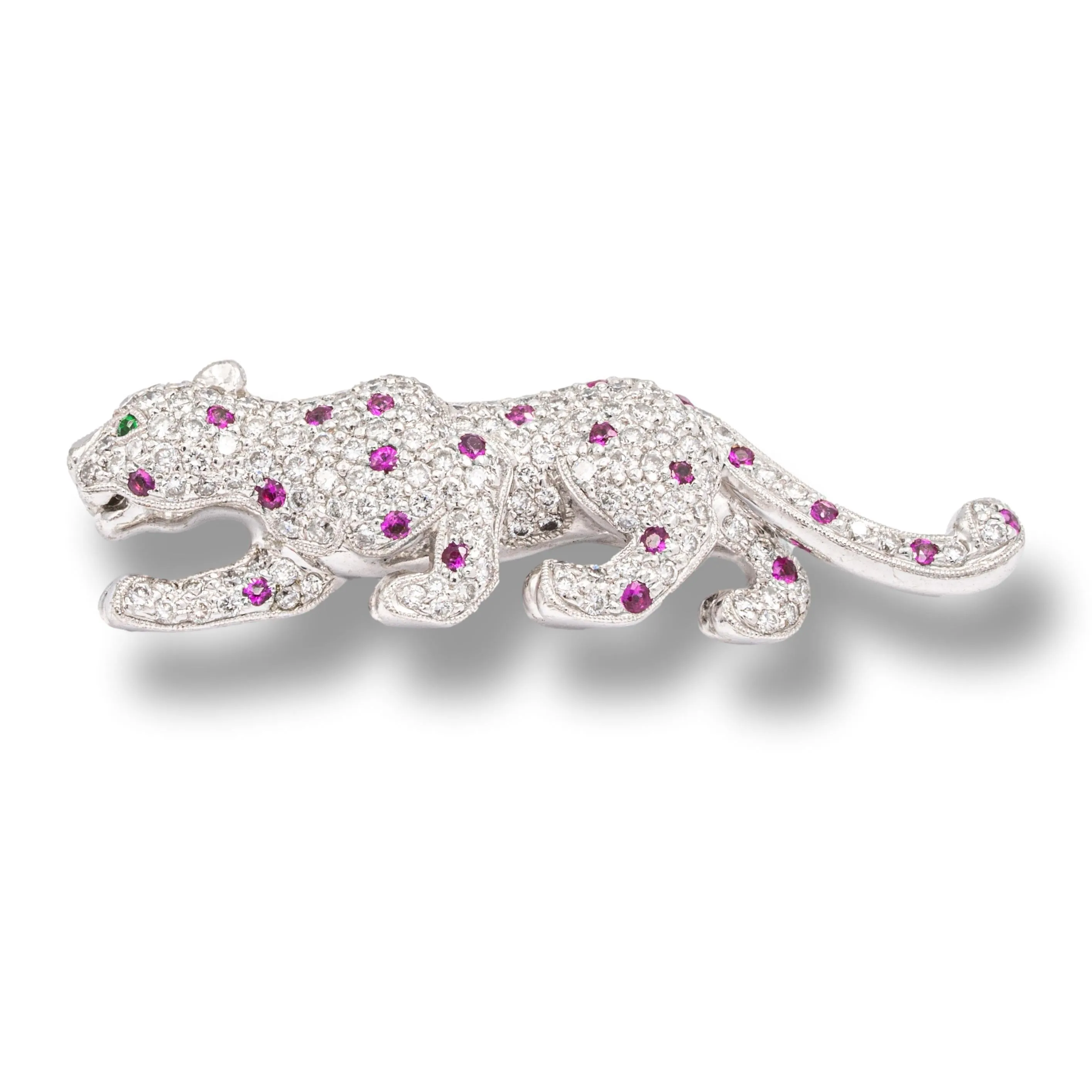 Vintage 18K White Gold Panther Brooch 2.50 Cts Pave Diamonds   Pink Sapphires