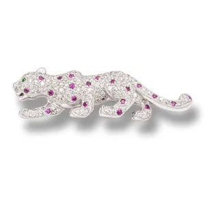 Vintage 18K White Gold Panther Brooch 2.50 Cts Pave Diamonds   Pink Sapphires