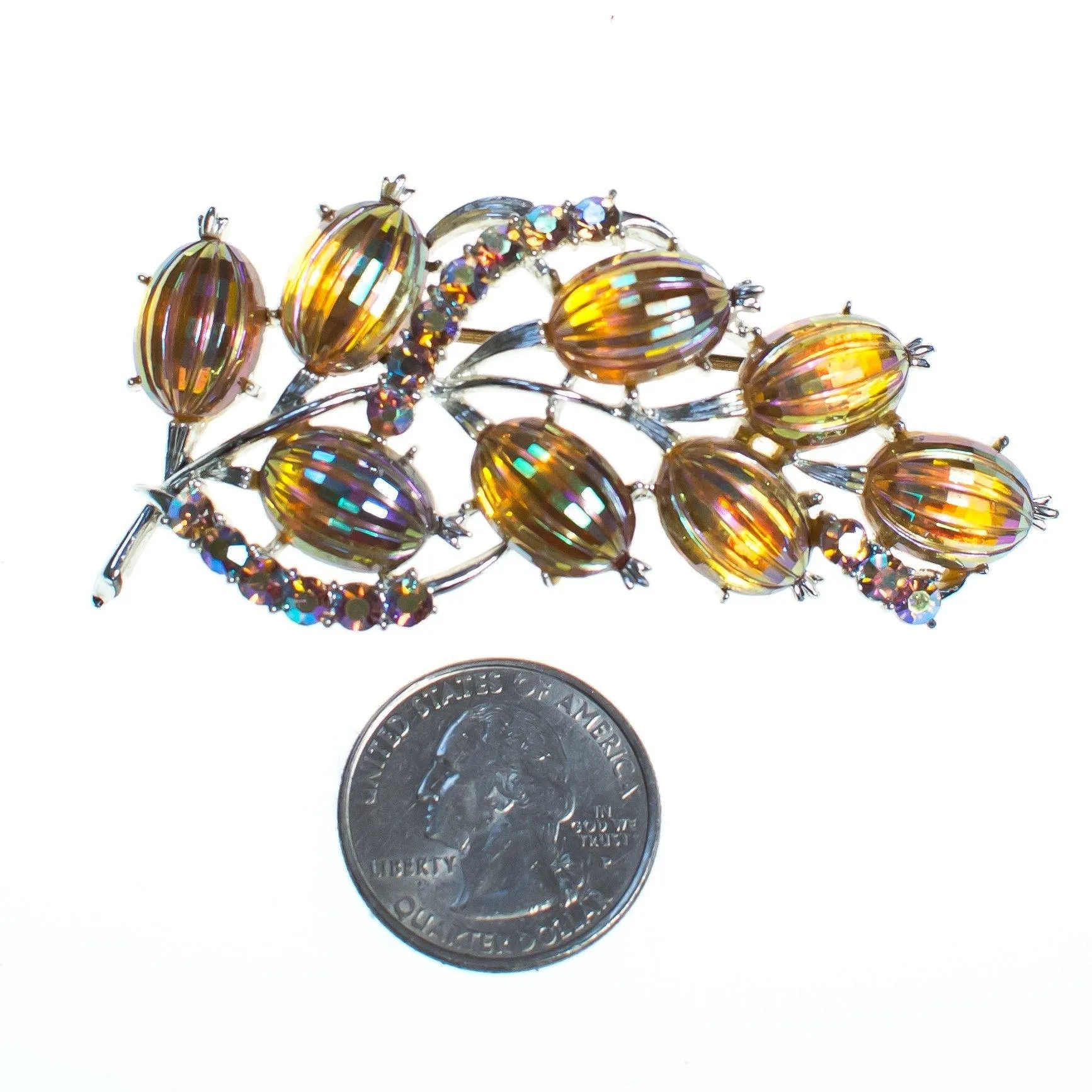 Vintage 1950s Coro Pressed Gold Iridescent Glass Brooch