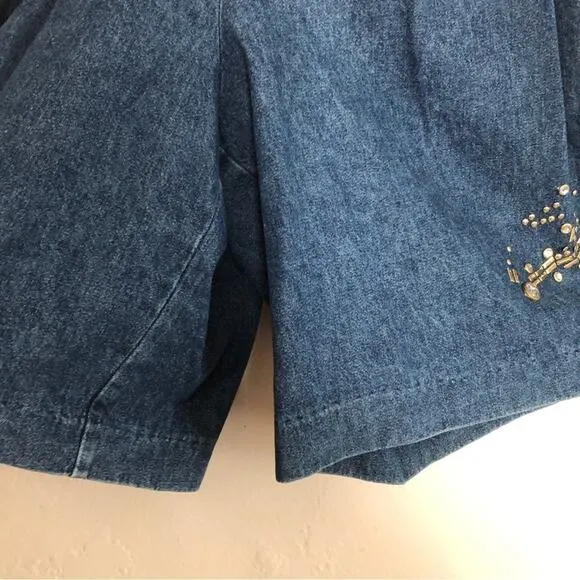 Vintage 80's City Girl Sport Denim Beaded High Waist Wide Leg Pocket Jean Shorts