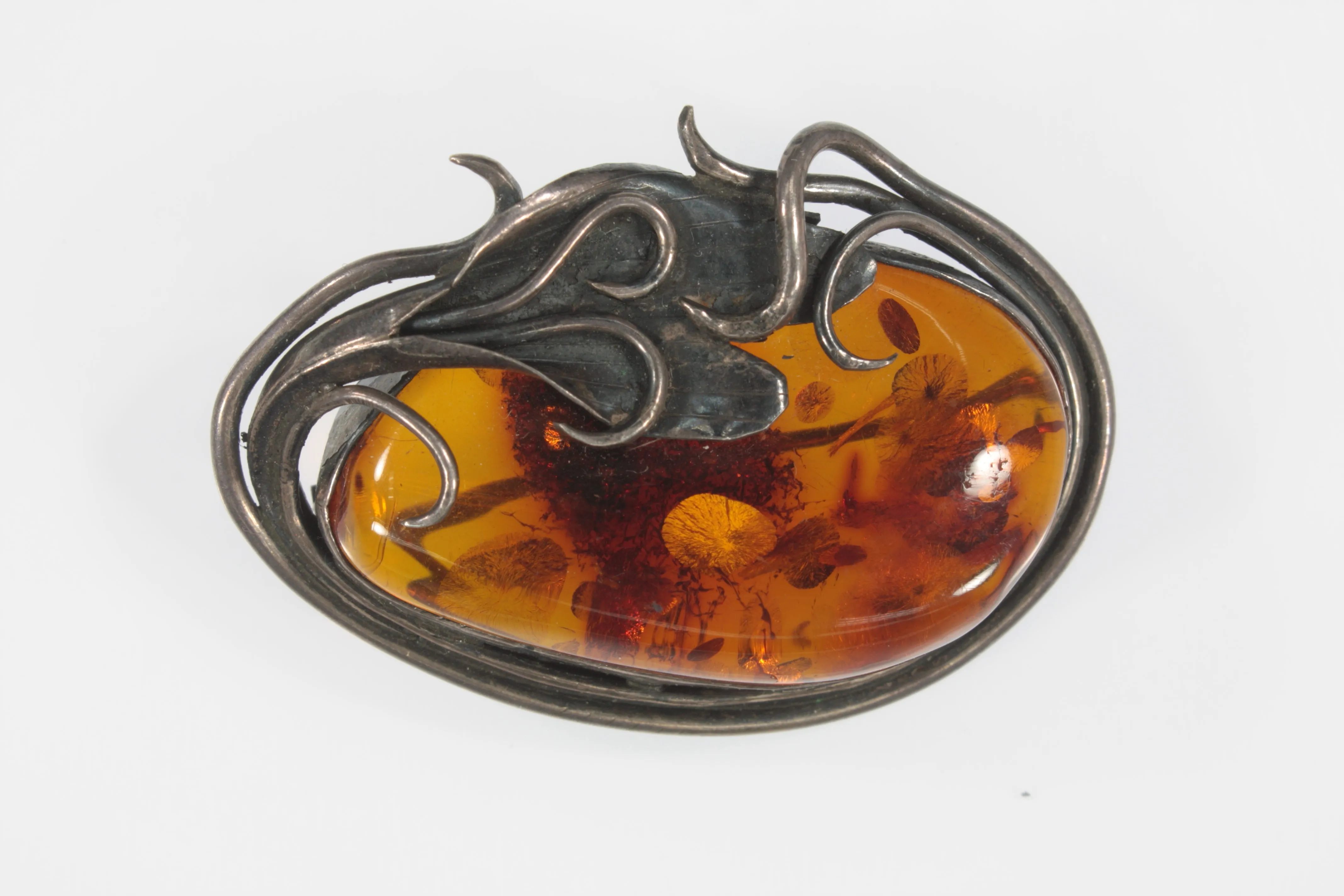 Vintage Baltic Amber Sterling Silver Flower Brooch Pin 14.8g