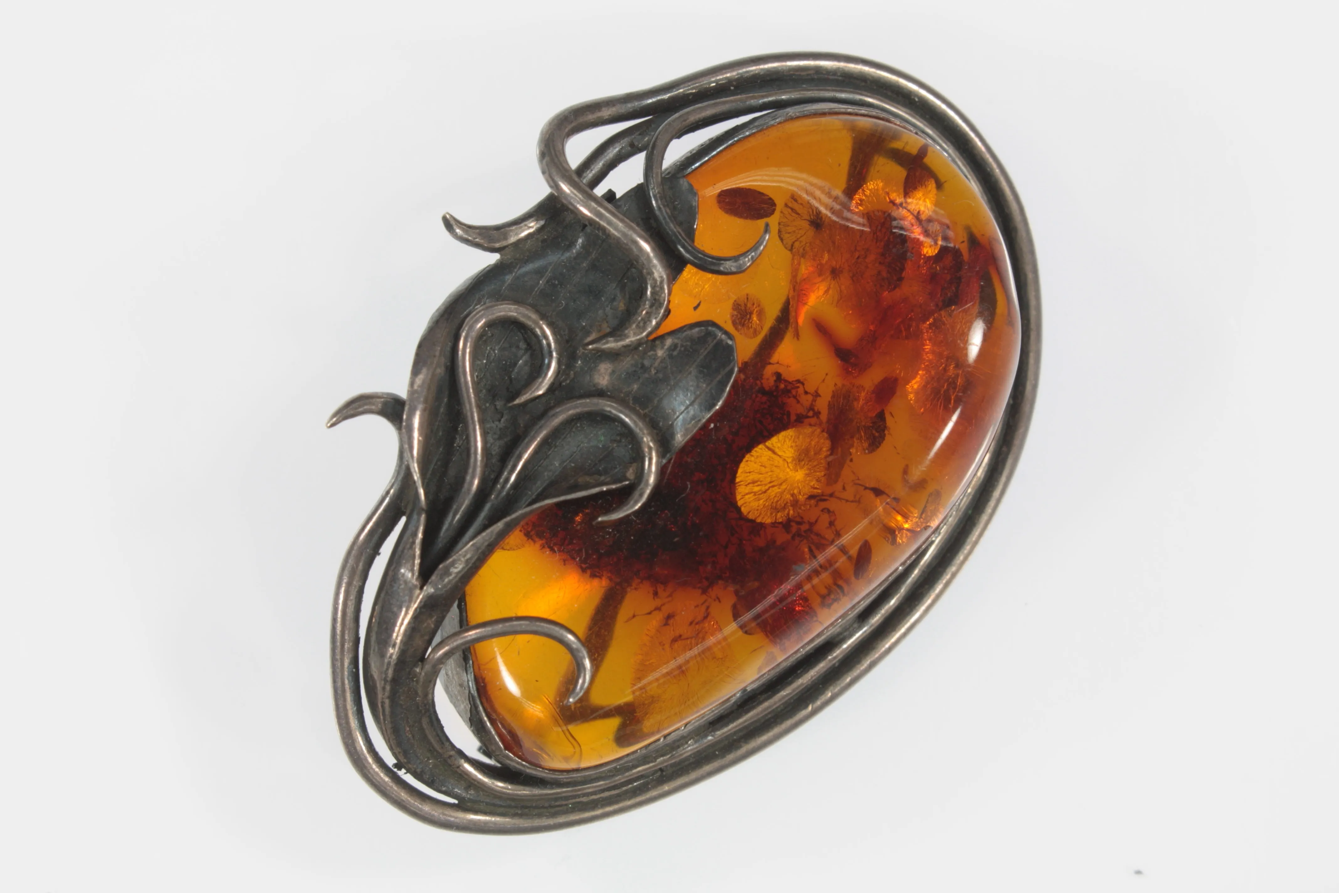 Vintage Baltic Amber Sterling Silver Flower Brooch Pin 14.8g