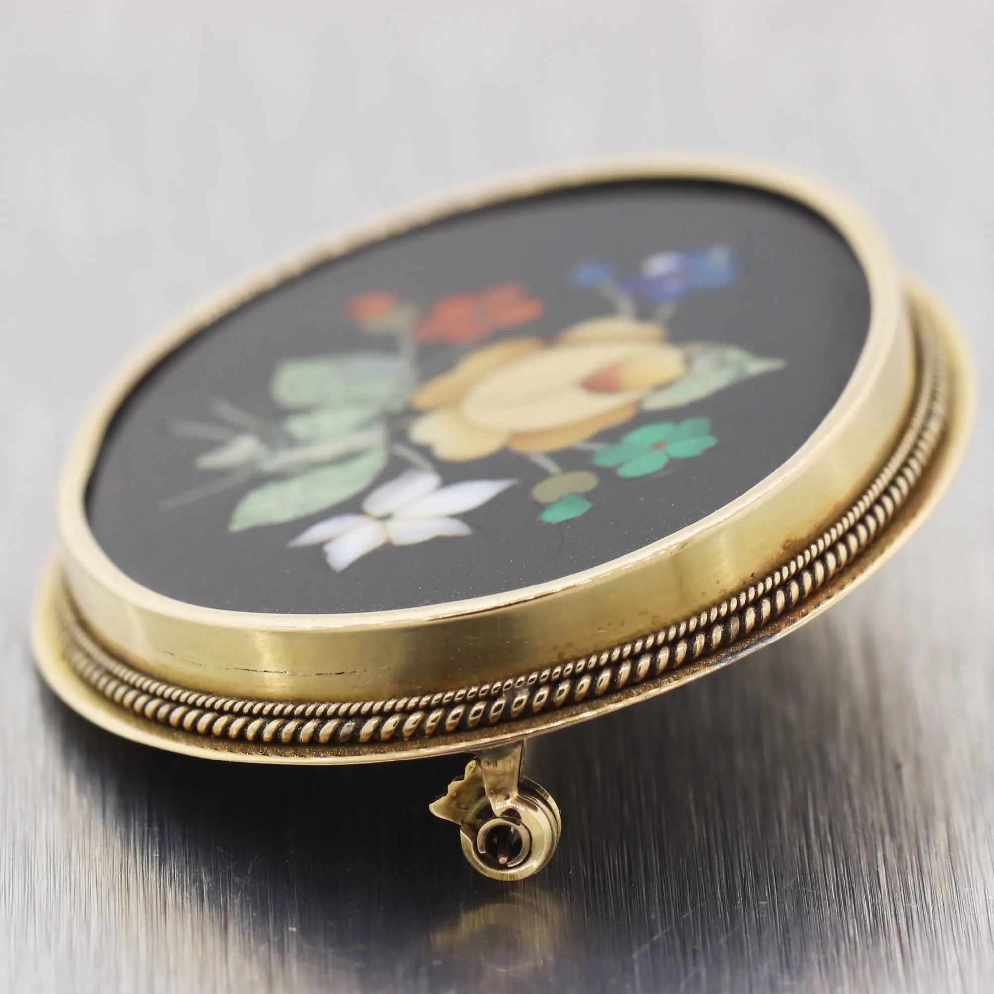 Vintage Estate 18k Yellow Gold Pietra Dura Flower Pin Brooch