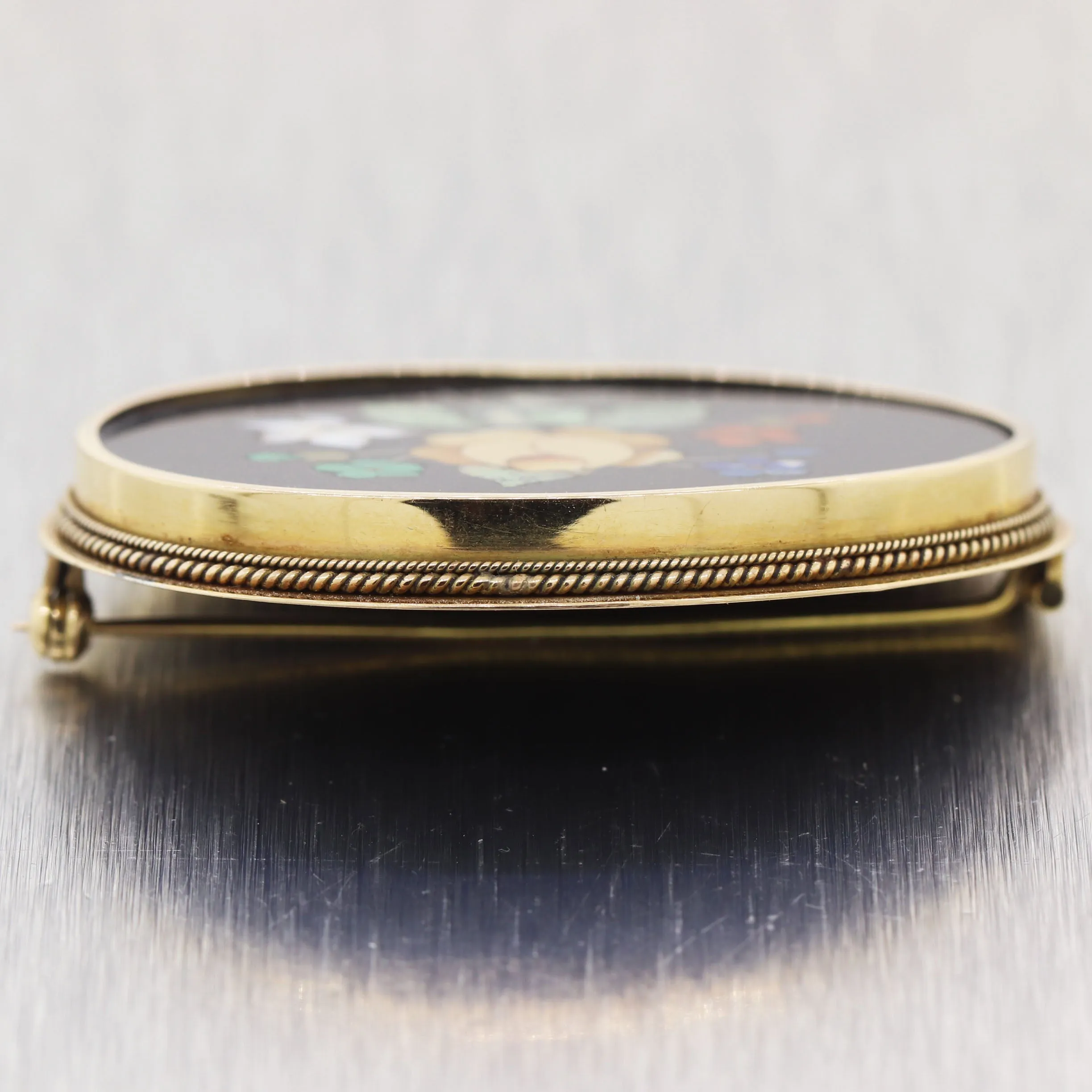 Vintage Estate 18k Yellow Gold Pietra Dura Flower Pin Brooch