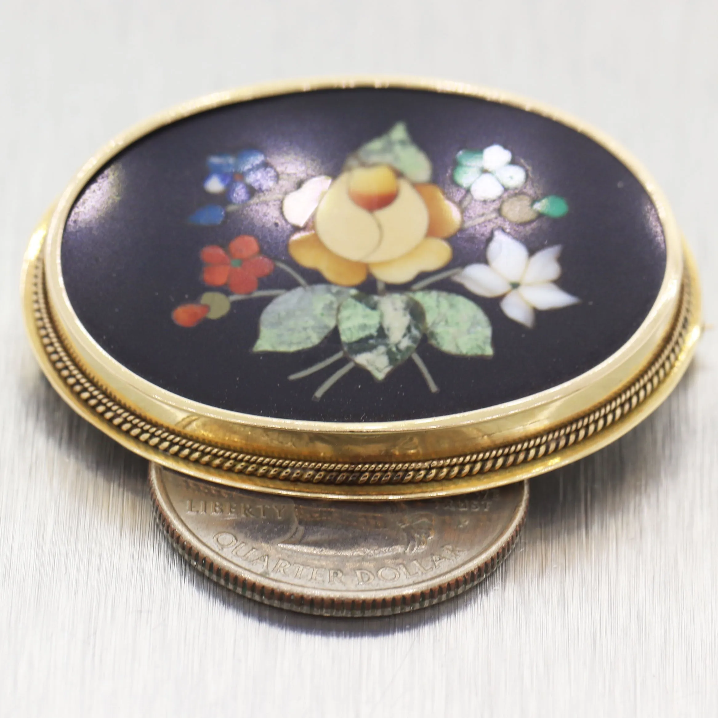 Vintage Estate 18k Yellow Gold Pietra Dura Flower Pin Brooch