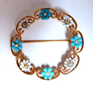 Vintage Estate Handmade Enamel White Blue Daisy Circle Pin 14kt 11791