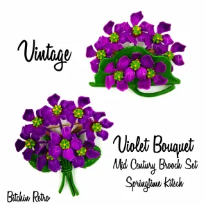 Vintage Floral Brooch Set Purple Violet Bouquets Mid Century Retro Nosegay Pins