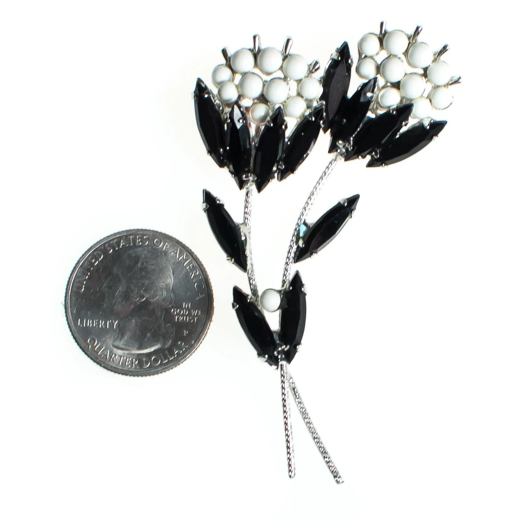 Vintage Flower Brooch, Jet Black Crytal Rhinestones, White Milk Glass Beads, Silver Tone Setting, Brooches and Pins