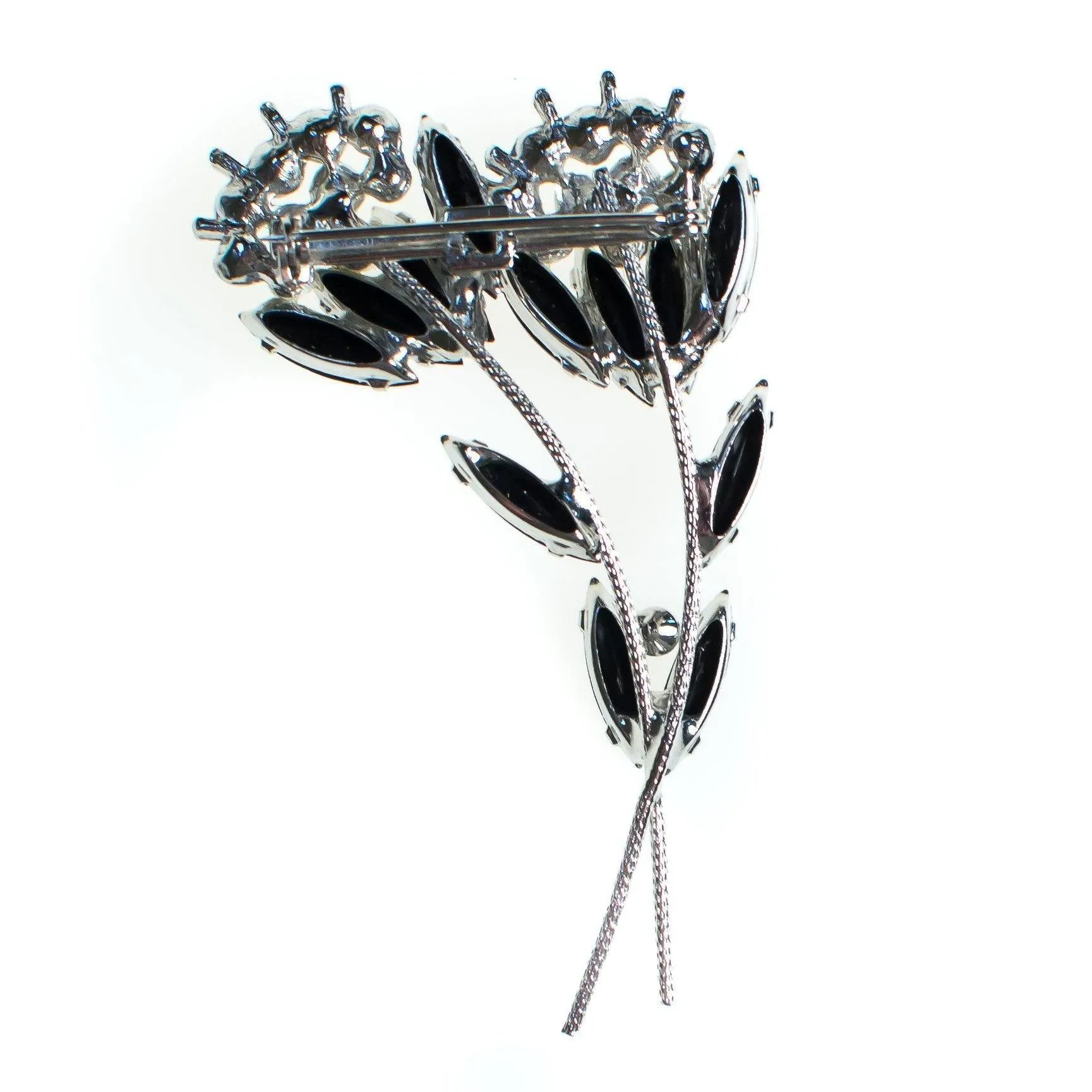 Vintage Flower Brooch, Jet Black Crytal Rhinestones, White Milk Glass Beads, Silver Tone Setting, Brooches and Pins