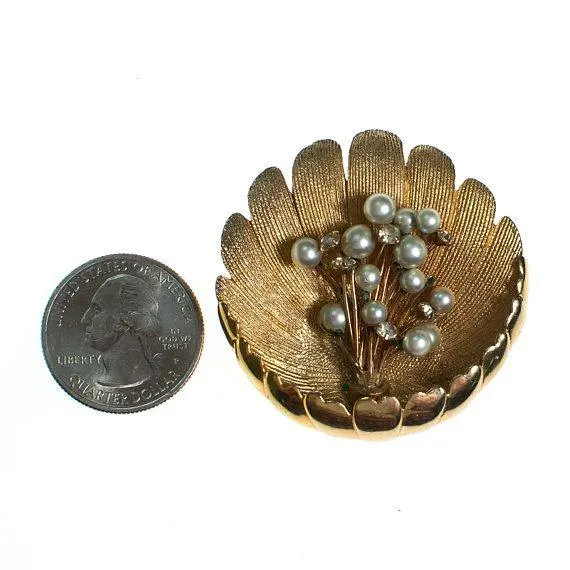Vintage Gold Shell Brooch With Pearls and Rhinestones