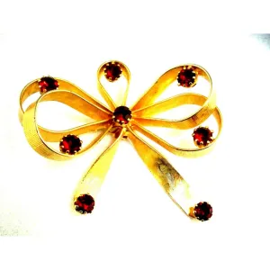 Vintage Goldtone/ Ruby Red Stones  Bow Brooch Vogue Jewels 1950s