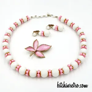 Vintage Hong Kong Necklace and Earring Set with JJ Pink Flower Brooch