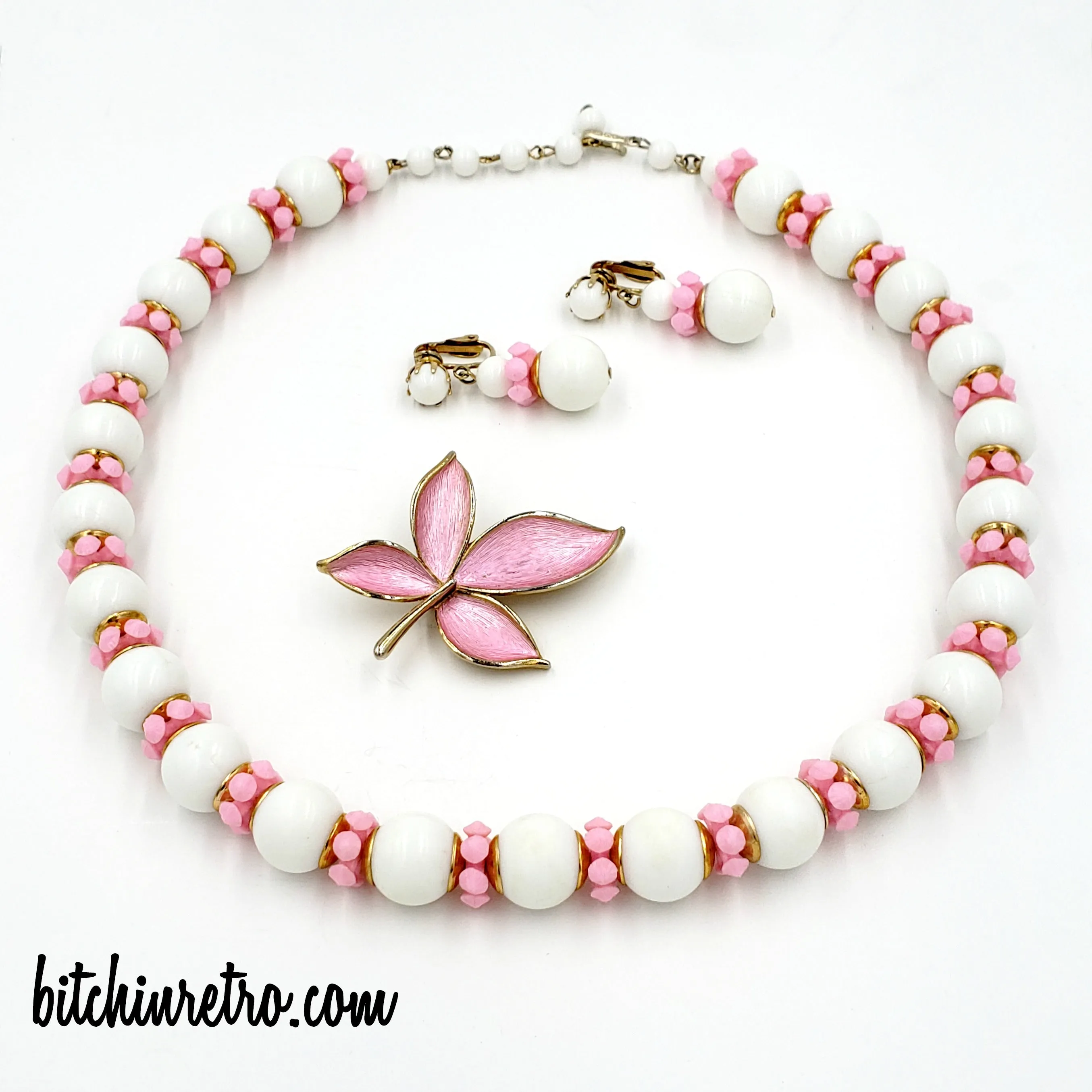Vintage Hong Kong Necklace and Earring Set with JJ Pink Flower Brooch