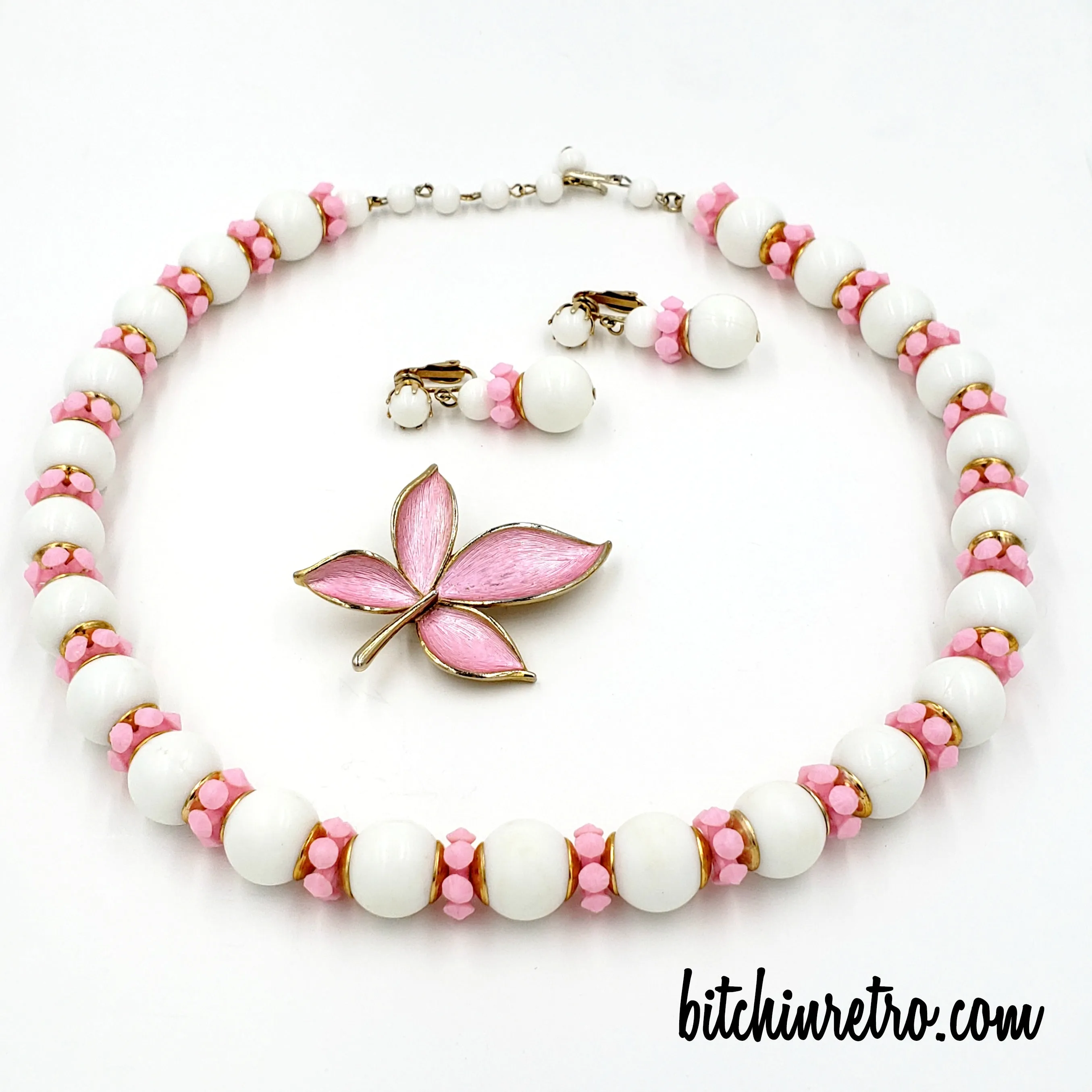 Vintage Hong Kong Necklace and Earring Set with JJ Pink Flower Brooch