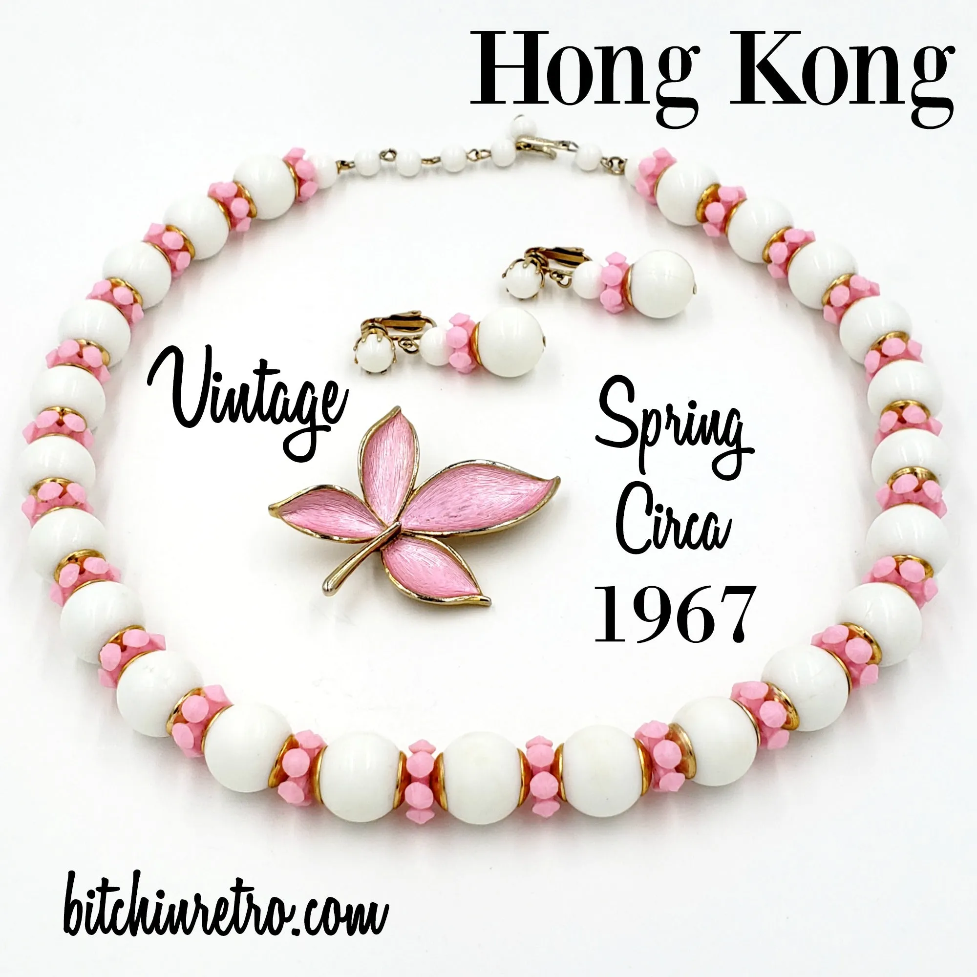Vintage Hong Kong Necklace and Earring Set with JJ Pink Flower Brooch