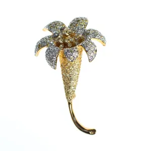 Vintage Kenneth Jay Lane Gilded Lily Flower Brooch, Gold and Silver Tone Setting, Diamante Crystals