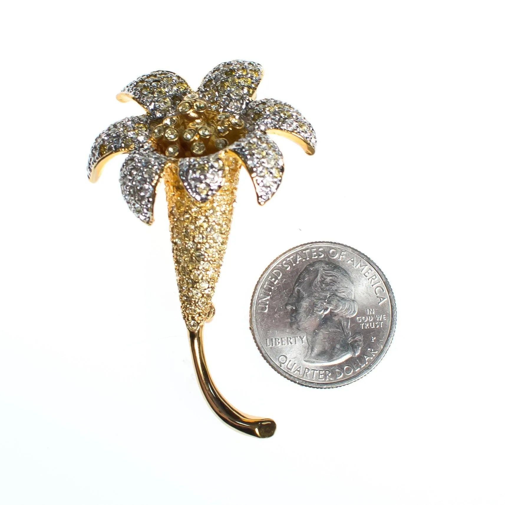Vintage Kenneth Jay Lane Gilded Lily Flower Brooch, Gold and Silver Tone Setting, Diamante Crystals