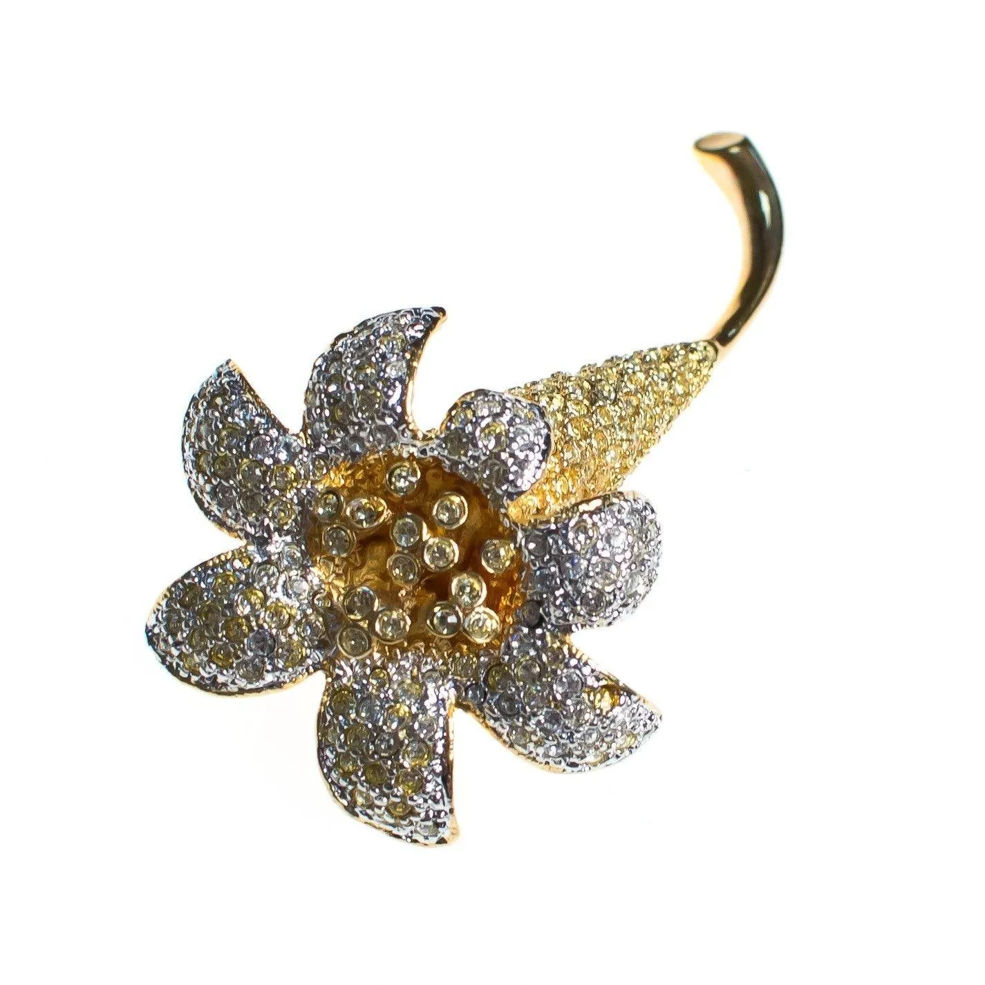 Vintage Kenneth Jay Lane Gilded Lily Flower Brooch, Gold and Silver Tone Setting, Diamante Crystals