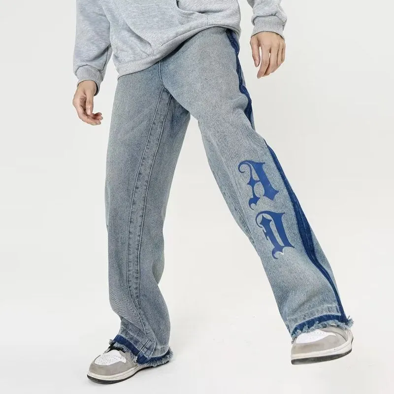 Vintage Letter Embroidery Straight Leg Jeans