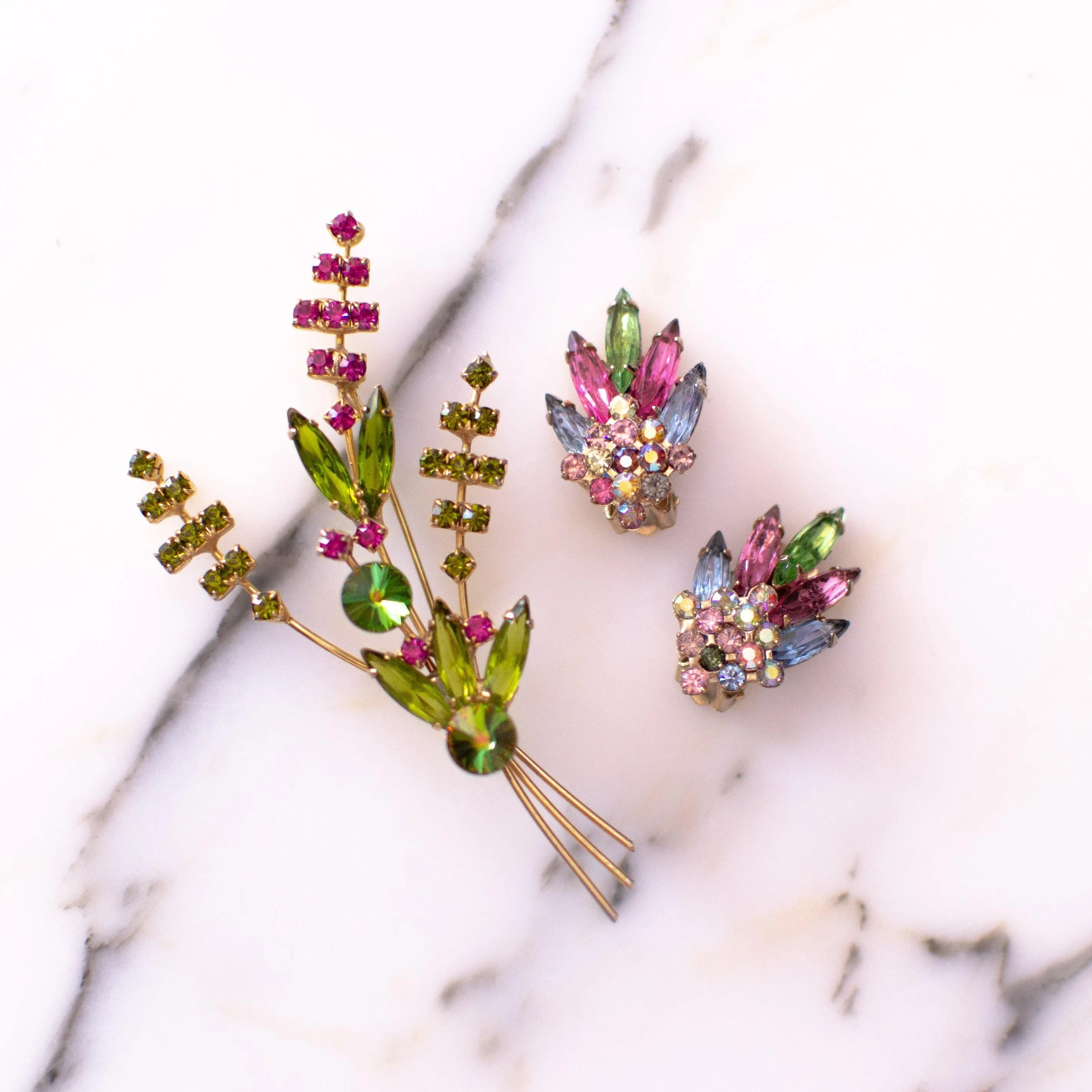 Vintage Made in Austria Bright Aurora Borealis Green and Pink Rhinestone Flower Brooch