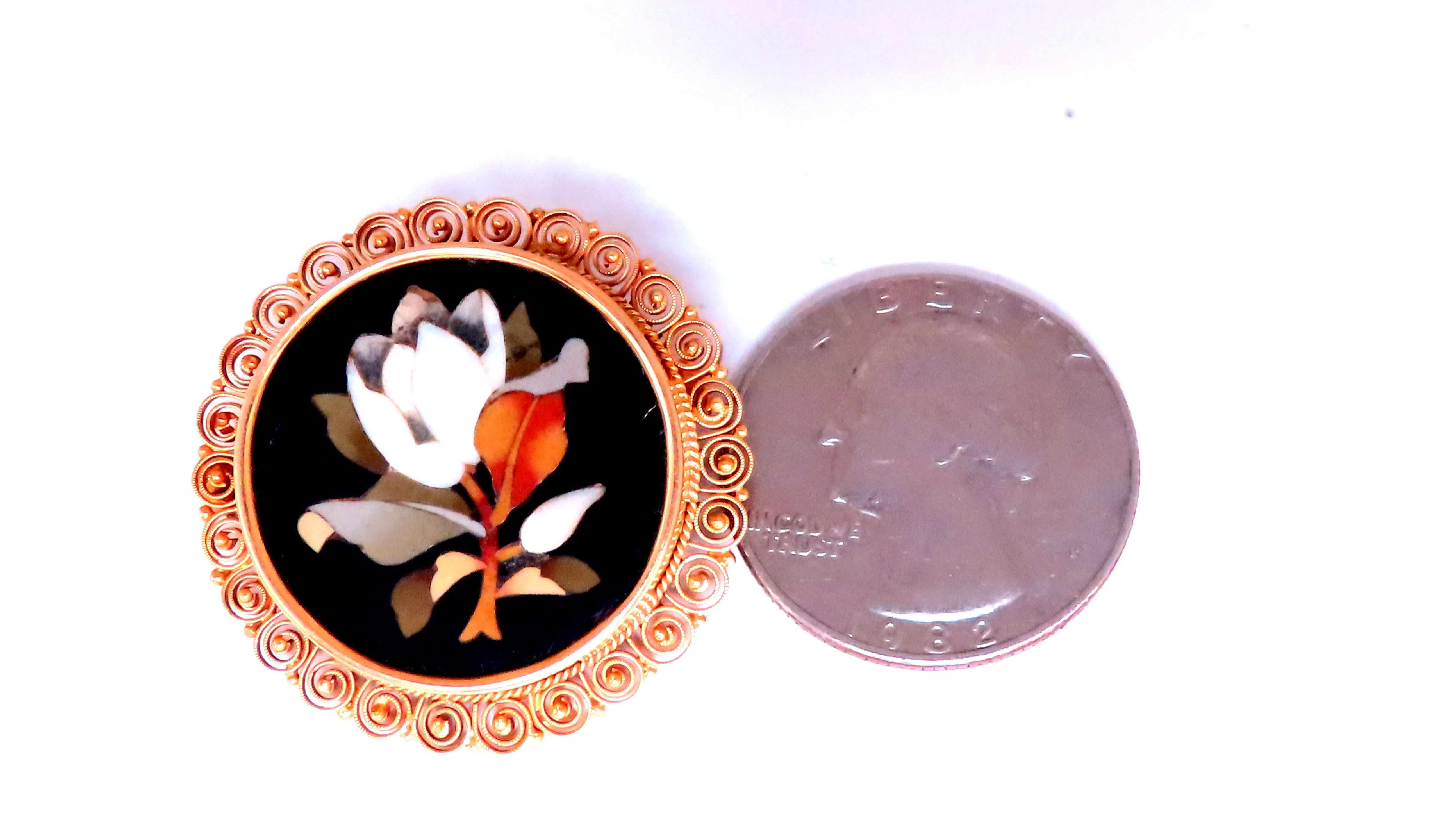 Vintage Pietra Dura Inlay Mosaic Flower Pin 18kt 12404