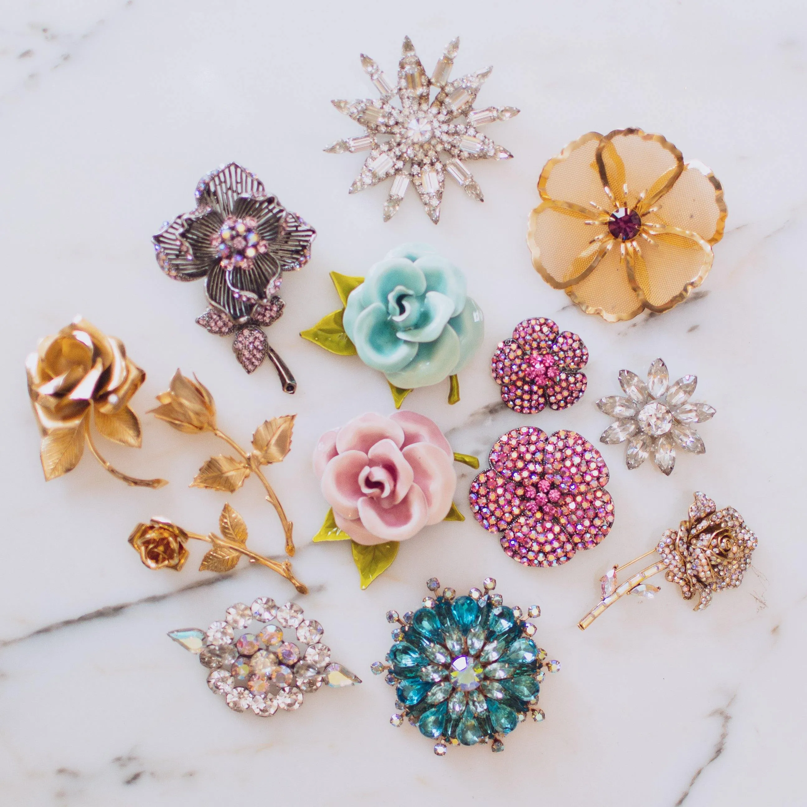 Vintage Pink Rhinestone Flower Brooch