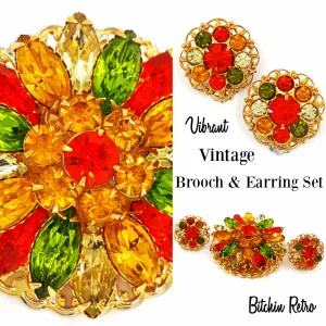 Vintage Rhinestone Brooch and Earring Set  Retro Yellow Orange and Green Flower Pin