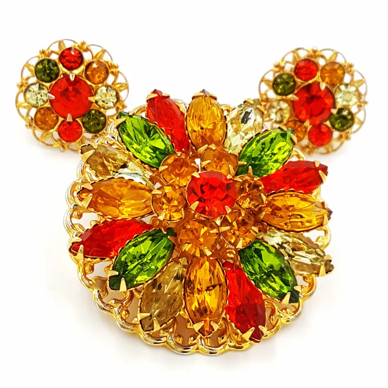 Vintage Rhinestone Brooch and Earring Set  Retro Yellow Orange and Green Flower Pin