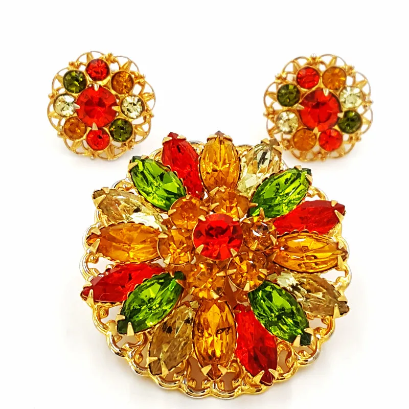 Vintage Rhinestone Brooch and Earring Set  Retro Yellow Orange and Green Flower Pin