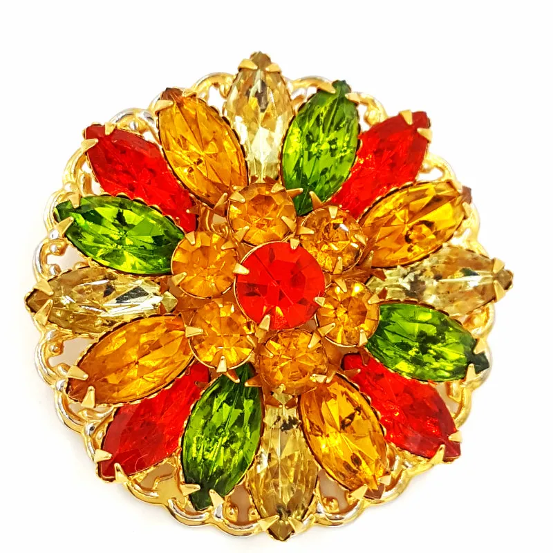 Vintage Rhinestone Brooch and Earring Set  Retro Yellow Orange and Green Flower Pin